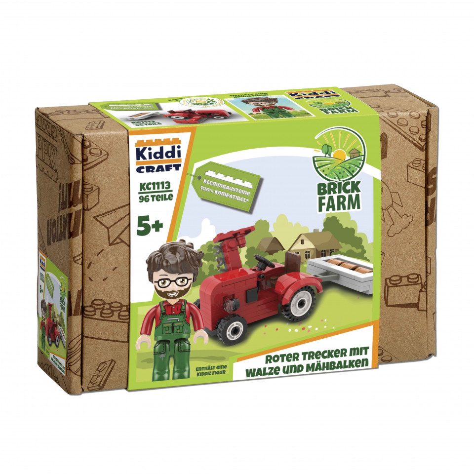 Kiddicraft Spiel, Brickfarm - Roter Trecker mit Walze und Mähbalken - deutsch