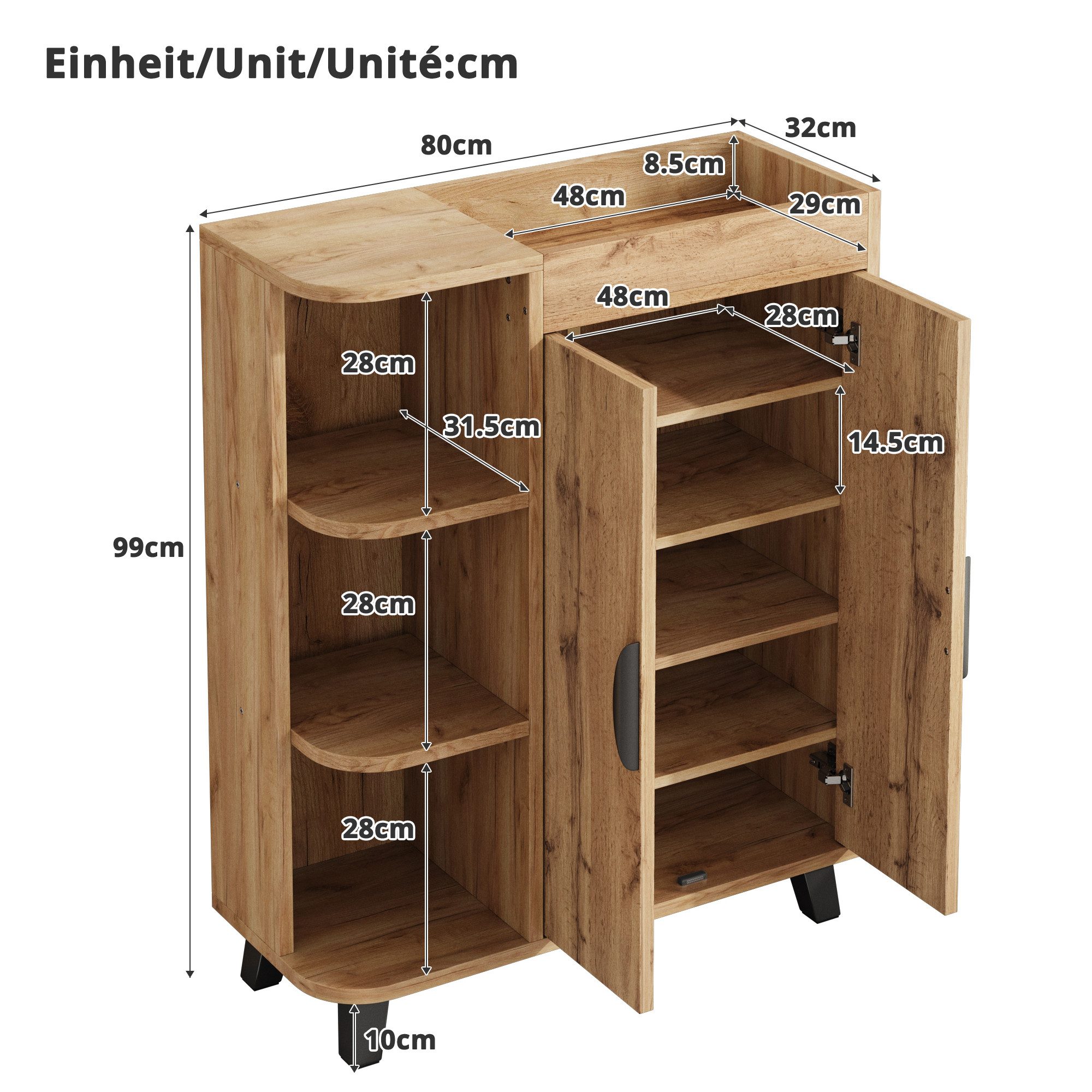Yorbay Schuhschrank Zweitüriger Schuhmöbel mit oberem Ablagefach, schmaler Schuhmöbel (Set, 1er Set) Holzoptik,mit 3 offenen Regalböden 80x32x99cm(BxTxH) – Bild 5 von 5