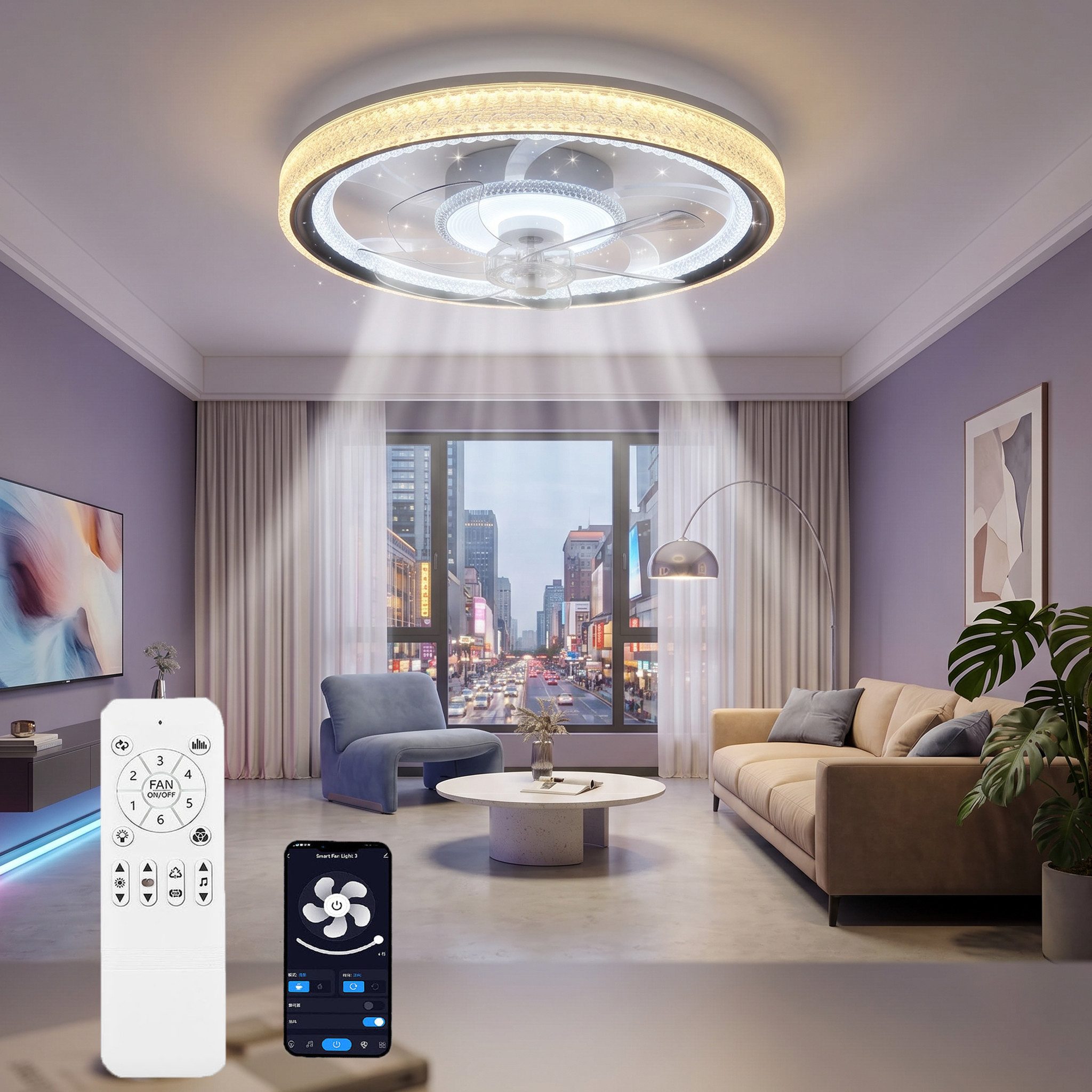 oyajia Deckenventilator 75W Leise Deckenventilator, RGB Farbwechsel LED Deckenleuchte 50cm, APP Dimmbar LED Deckenventilator Leuchte für Schlafzimmer Küche Hotel