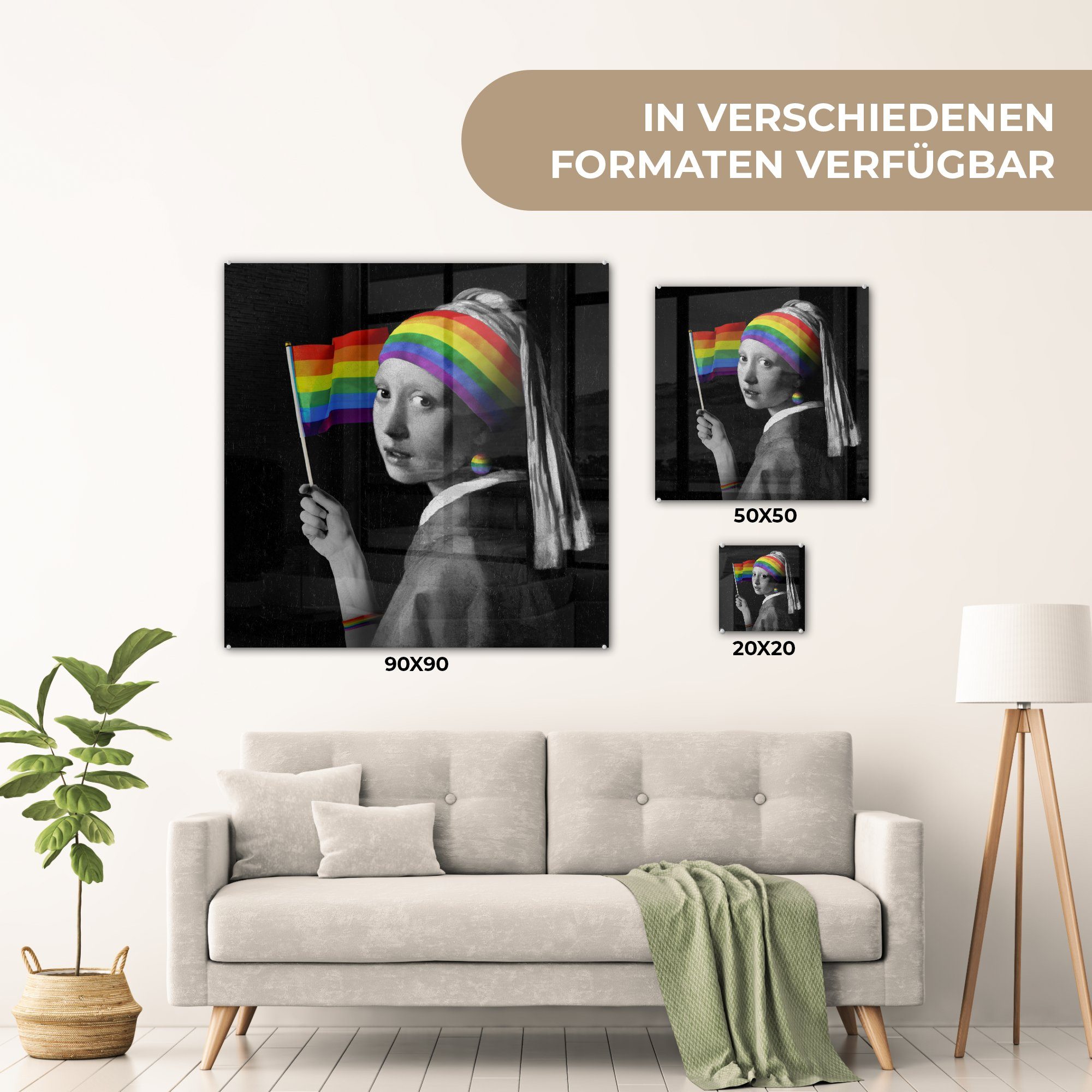 Regenbogen, (1 Glas Glasbilder Acrylglasbild Foto dem auf St), - MuchoWow Das - Wandbild Glas Wanddekoration Bilder auf - mit Perlenohrring - Flag Mädchen - Pride