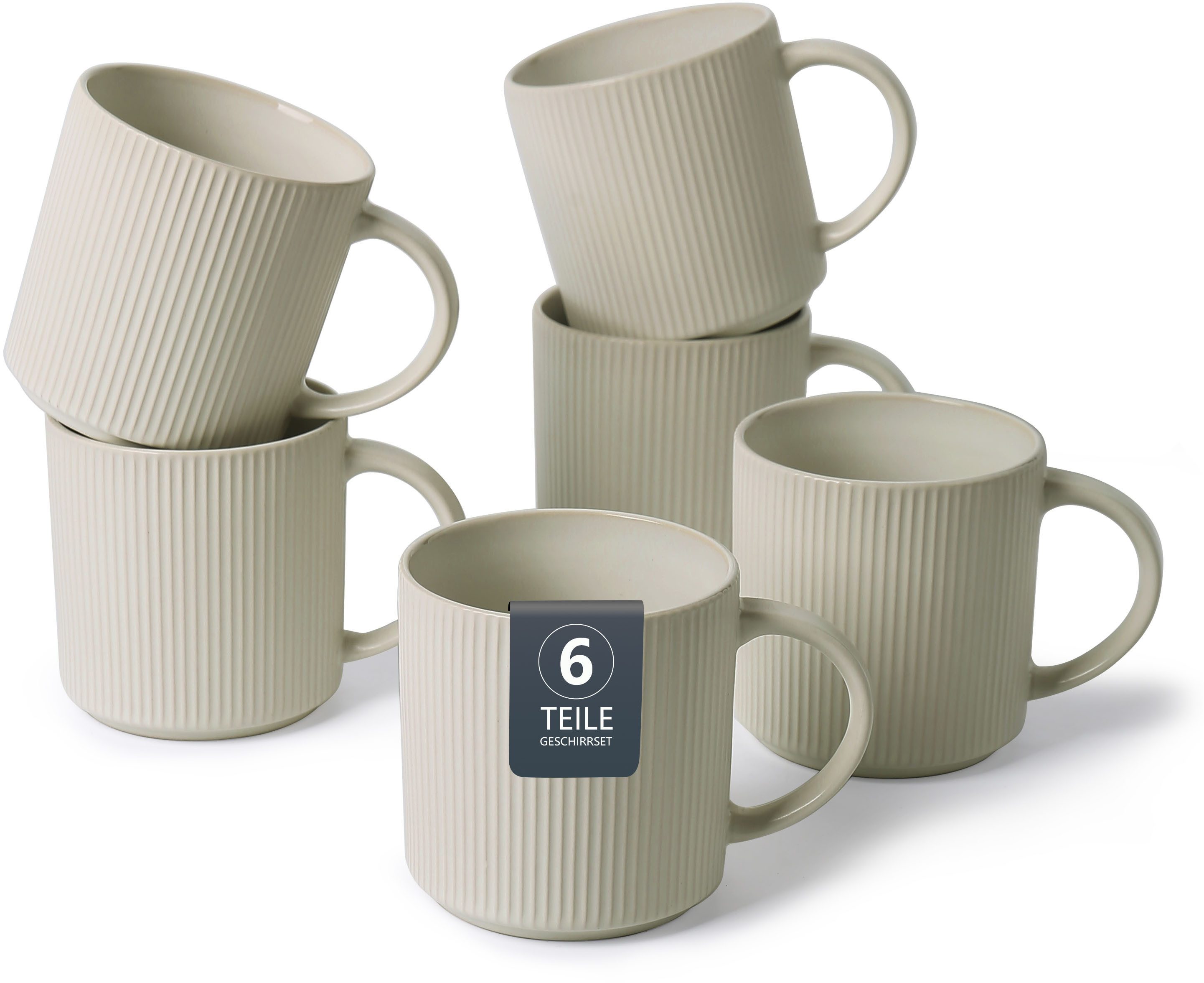 OTTO home Becher Kaffeebecher Ylvii, 6er Set, 6-tlg., Steinzeug, Riffeloptik, spülmaschinenfest und mikrowellengeeignet, 460 ml