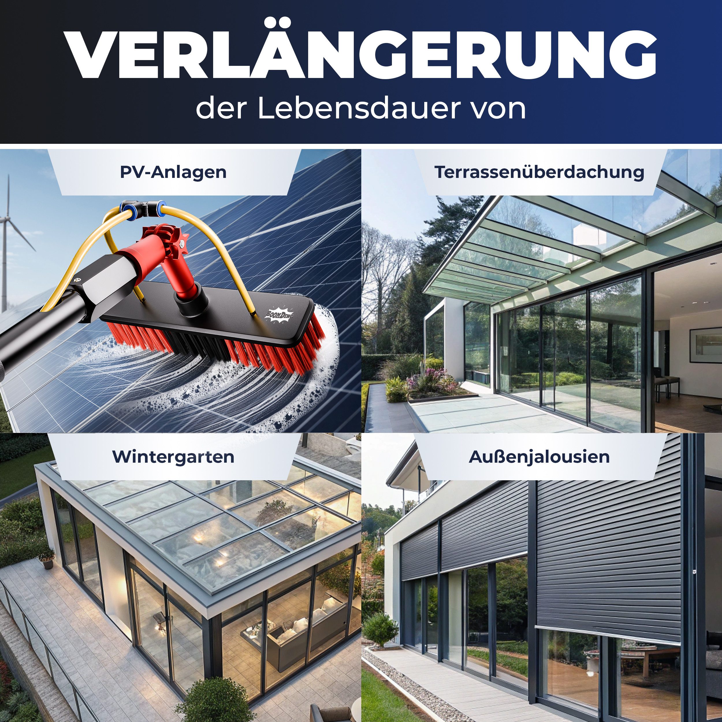 BoomDing Reinigungsbürste Teleskopstange mit Wasseranschluss 3,6, 4,6 oder 7 Meter mit Bürste, Reinigung von, PV Anlage, Wintergarten, Terrasse, Solaranlage, Photovoltaik, (Solaranlage reinigen), Innenliegender Schlauch