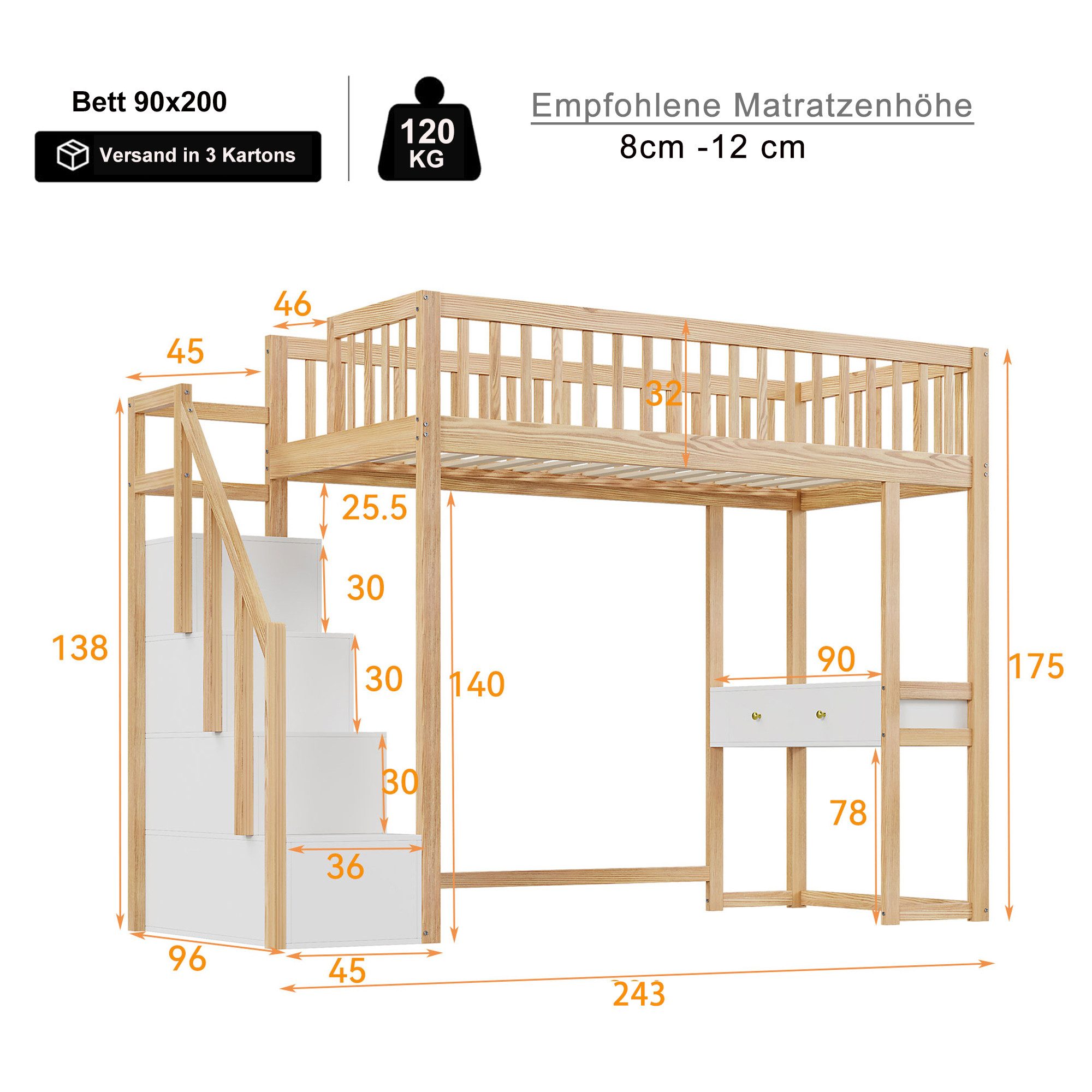 Flieks Hochbett Massivholz Kinderbett 90x200cm mit Tisch und Stauraumtreppe günstig online kaufen