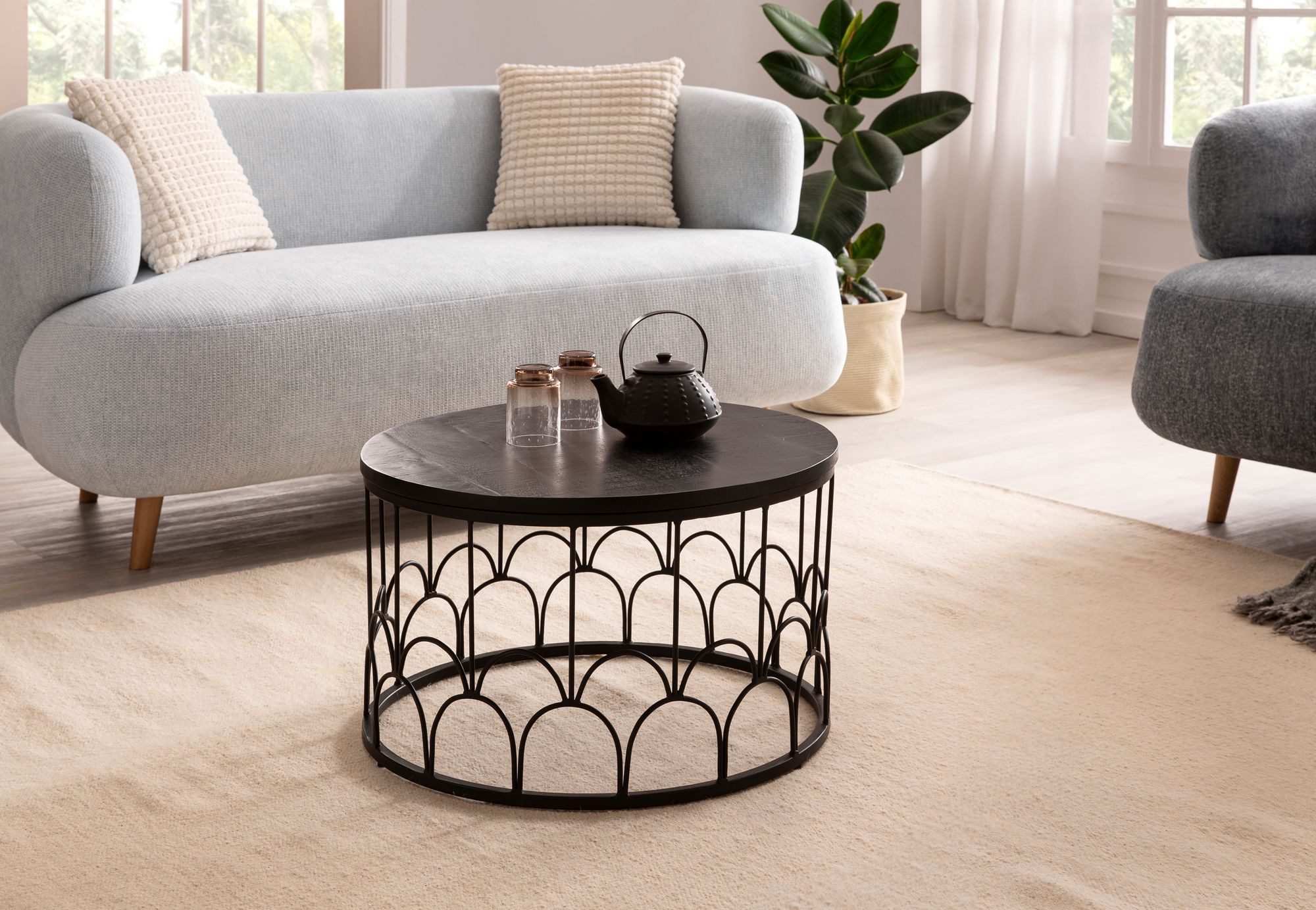 FINEBUY Couchtisch FB95662 Massivholz rund Ø60cm Schwarz Wohnzimmertisch Ar günstig online kaufen