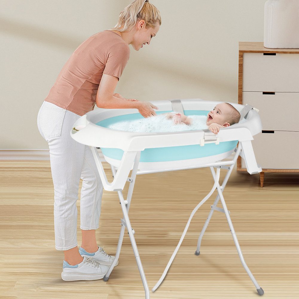 JEOBEST Babybadewanne Baby Badewanne mit Gestell, Baby Wanne mit Badematte, Faltbare, (Baby Pflegeset für Neugeborene), Babywanne, Sitz, Ständer, Abfluss