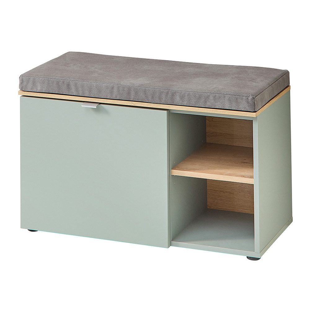 Lomadox Schuhbank BLISS-36, Bank Garderobe Flur inkl. Sitzpolster grün matt Eiche 78x49,3x37,4 cm