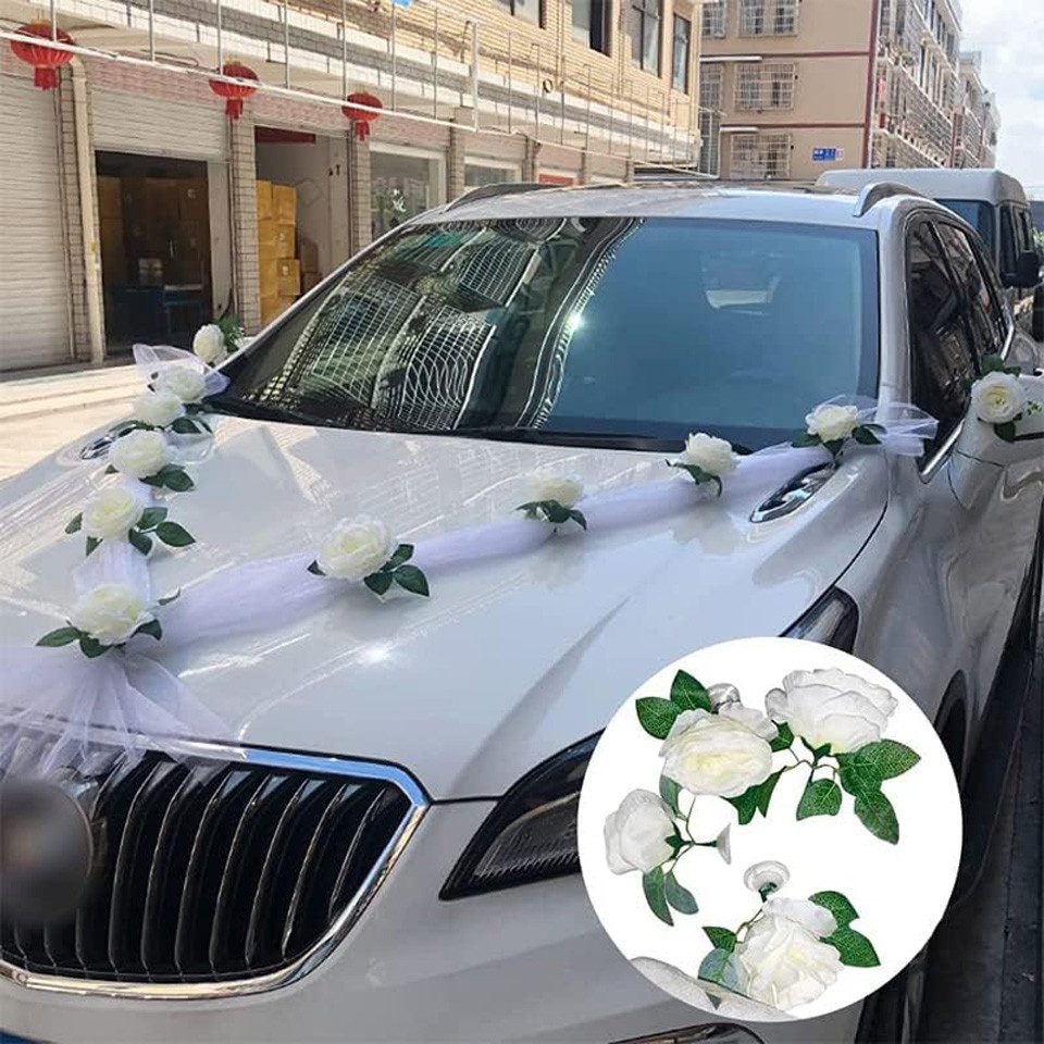 Kunstblume Kunstblumenstrauß Autoschmuck Hochzeit Motorhaube Weiß, Minicloss, Hochzeit Auto Wedding Deko Girlande für Hochzeit Party – Bild 4 von 5