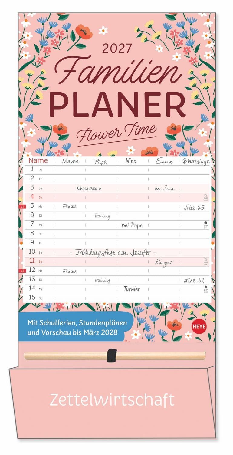HEYE Wandkalender Deko-Familienplaner mit Tasche Flower Time 2027
