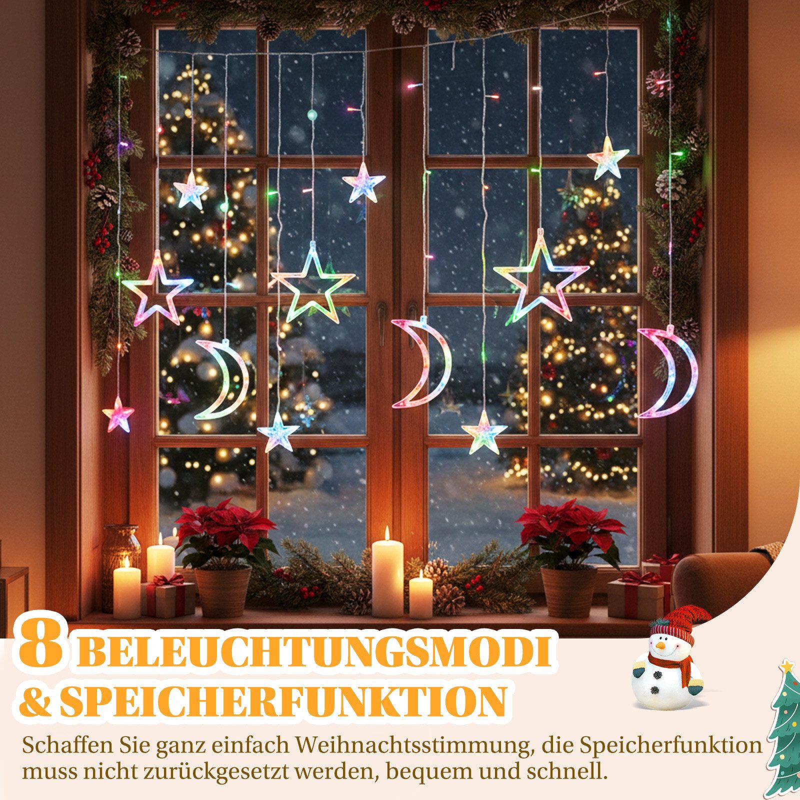 SERBASIC Lichterkette 3.5M Sterne Mond Lichtervorhang mit Stecker, 8 Modi, Timer, 31V, Für Fenster Garten Außen Weihnachtsdeko, Warmweiß & Mehrfarbig