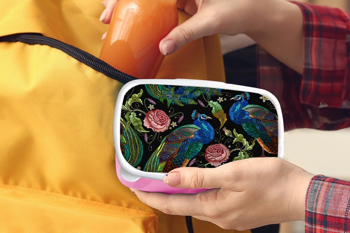 MuchoWow Lunchbox Kinder, Brotbox Mädchen, - Pfau Blumen Brotdose für Snackbox, Stickereidruck Rosen, (2-tlg), - Erwachsene, Kunststoff, Kunststoff - rosa