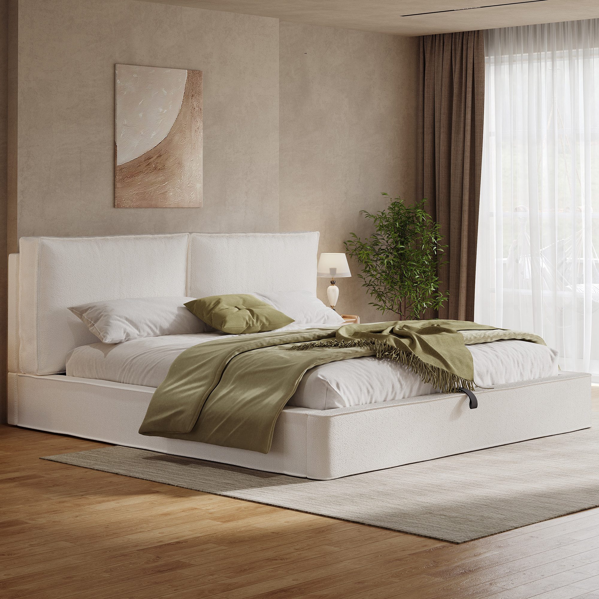 HAUSS SPOLE Polsterbett Polsterbett 180x200 Funktionsbett bouclé mit Kopfteil,Doppelbett,Beige (Erwachsenenbett Funktionsbett mit gepolstertem Kopfteil und Lattenrost, mit Bettkasten), ohne Matratze