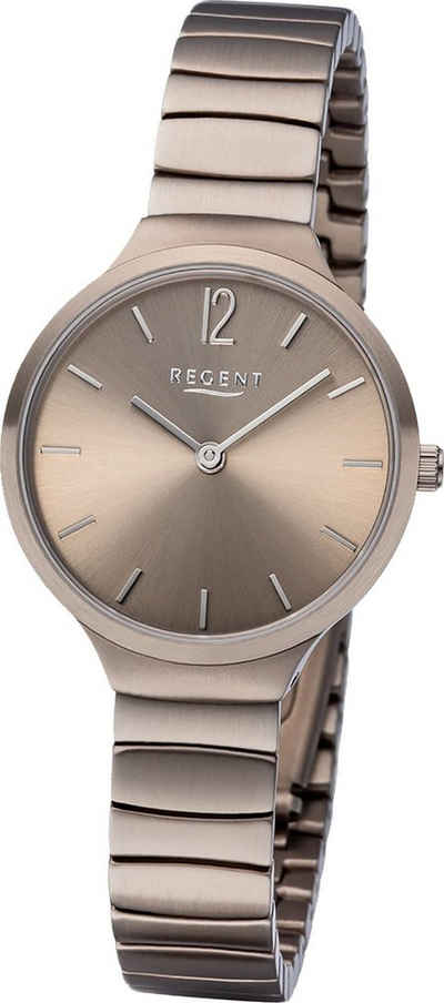 Regent Quarzuhr Regent Edelstahl Damen Uhr BA-555 Quarz, Damenuhr Edelstahlarmband khaki, grau, rundes Gehäuse, klein (30mm)