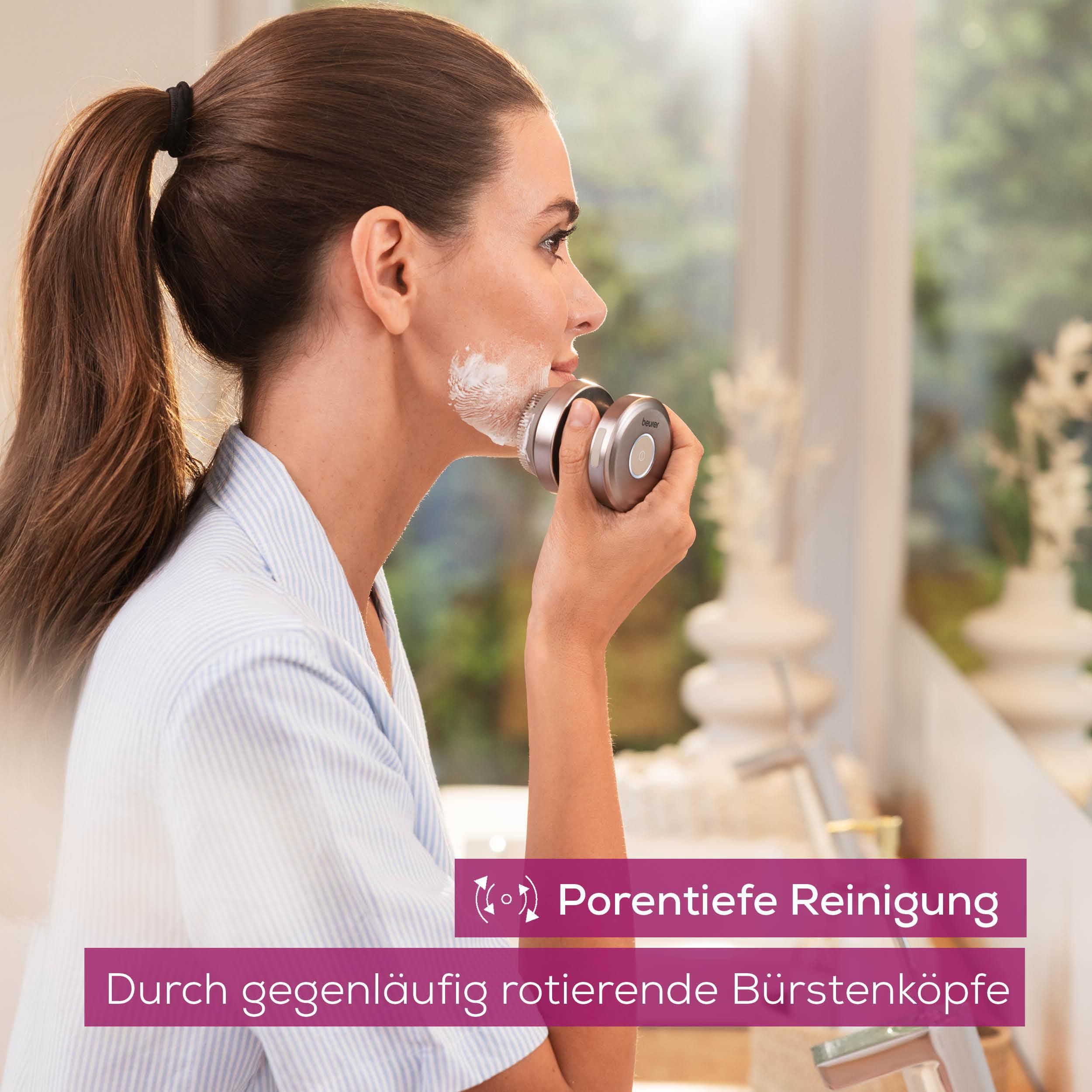 BEURER Elektrische Gesichtsreinigungsbürste FC 59 Dual, für ein gepflegtes Hautbild, Mit 3 Bürstenaufsätzen für jeden Hauttypen & 2 Geschwindigkeitsstufen