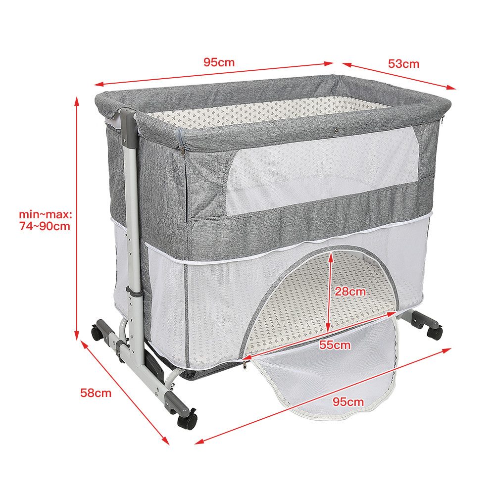 JEOBEST Beistellbett 3 in 1 Babybett, Beistellbett baby, Höhe und der Neigung verstellbar, mit Matratze, Rollen
