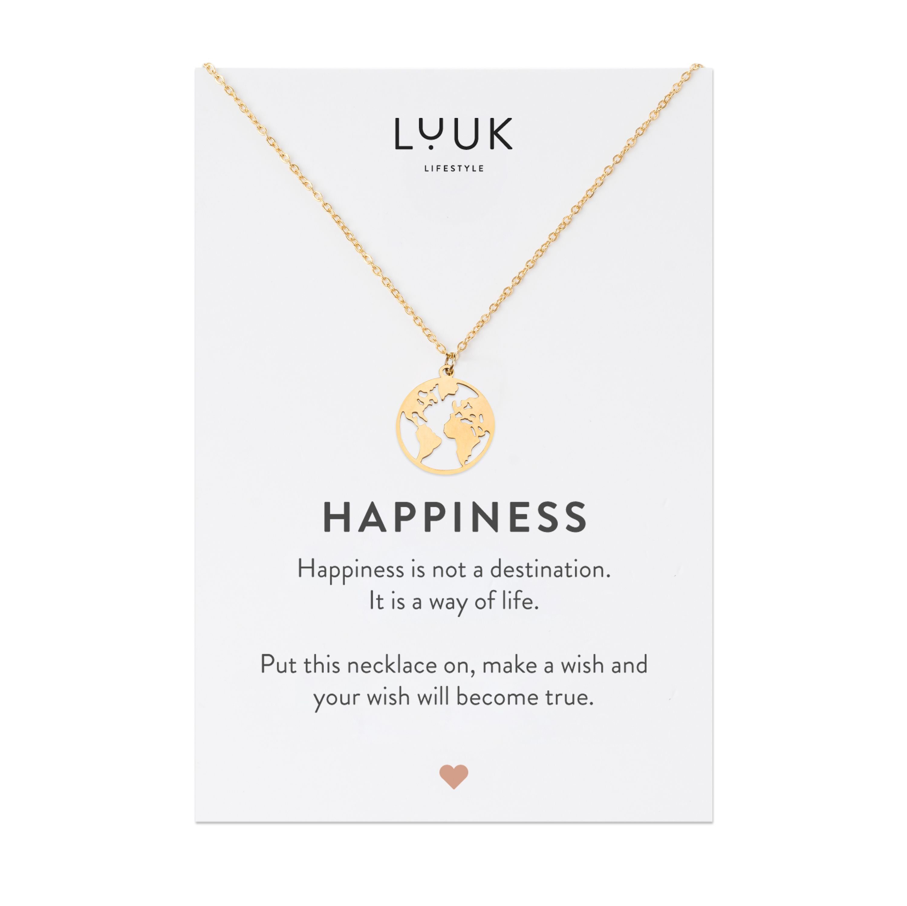 LUUK LIFESTYLE Kette mit Anhänger Weltkarte, Geschenkidee für Freundin, Verlobte Gold