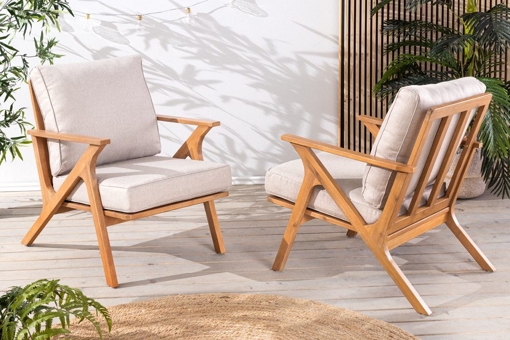 riess-ambiente Gartensessel COMFORT LINE natur beige · wetterfester Loungesessel aus Akazienholz (Einzelartikel, 1-St), Outdoor · Armlehnenstuhl · inklusive 2 Sitzkissen · Balkon · Terasse