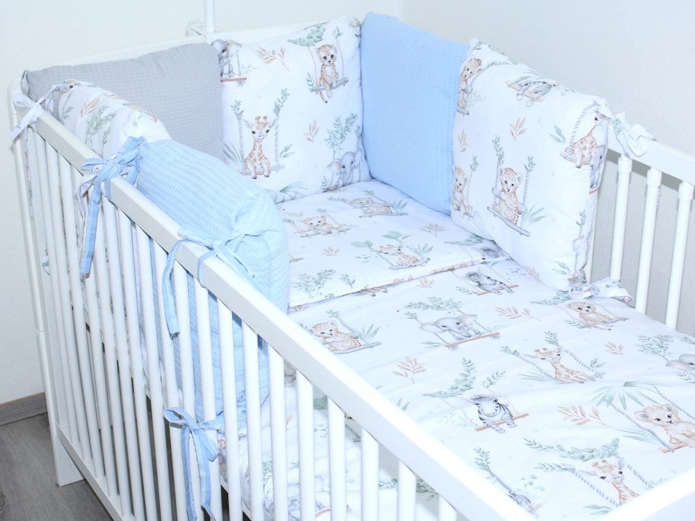 Primawela Babybettwäsche Bettwäsche Waffelpiqué Bettset Baby - Kissen Nestchen Vollstoff Himmel, 5 teilig