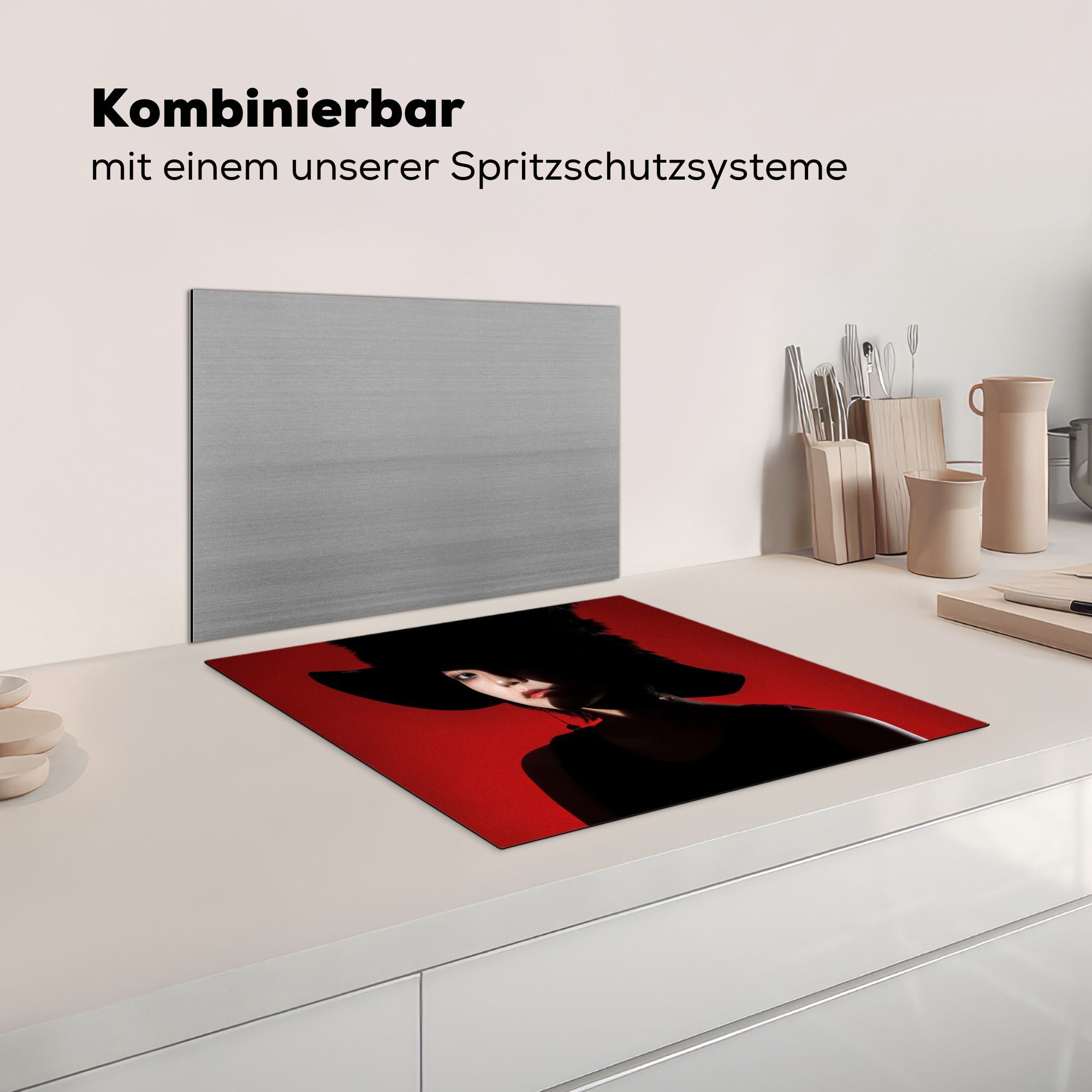 Vinyl, Schwarz nutzbar, cm, Ceranfeldabdeckung Frau Herdblende-/Abdeckplatte tlg), MuchoWow (1 - Mobile 60x52 Porträt, - Arbeitsfläche Rot -