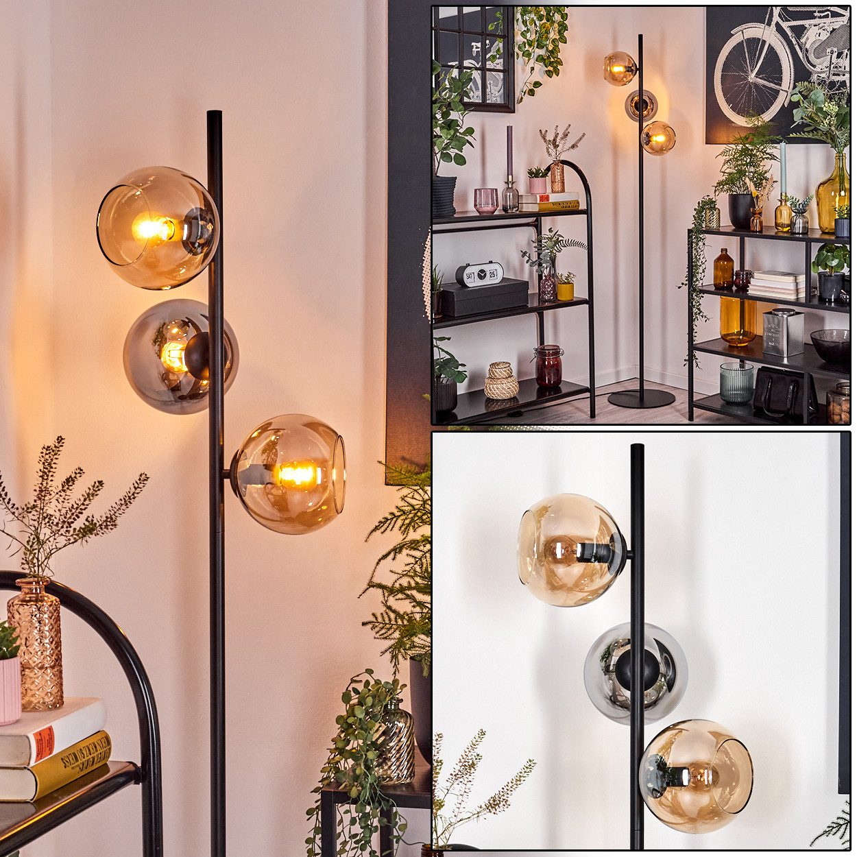 hofstein Stehlampe Stehlampe aus Metall/Glas in Schwarz/Chrom/Rauch/Bernste günstig online kaufen