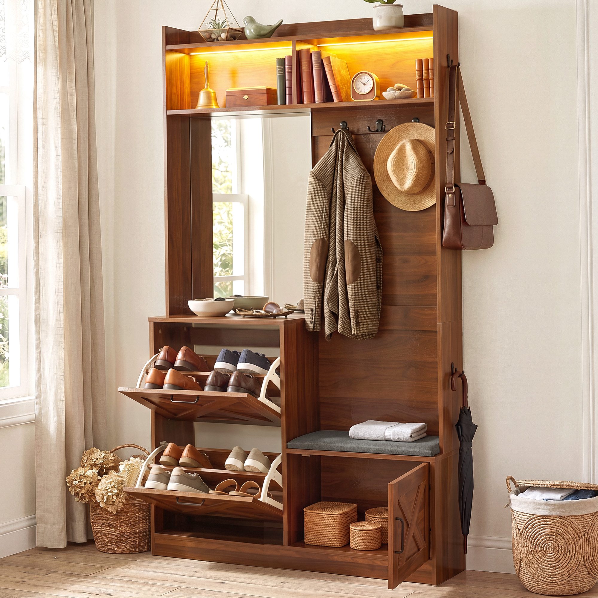Merax Garderobenschrank mit LED-Beleuchtung (Flurschrank Garderobe 200 x 38 x 55 cm, 1-St) Kompaktgarderobe mit 2 Klappschuhfächern, Sitzbank, Haken,Metallgriffe
