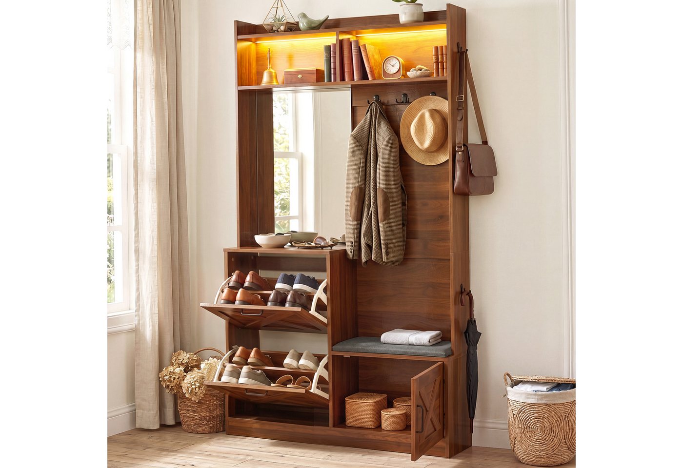 Merax Garderobenschrank mit LED-Beleuchtung (Flurschrank Garderobe 200 x 38 x 55 cm, 1-St) Kompaktgarderobe mit 2 Klappschuhfächern, Sitzbank, Haken,Metallgriffe