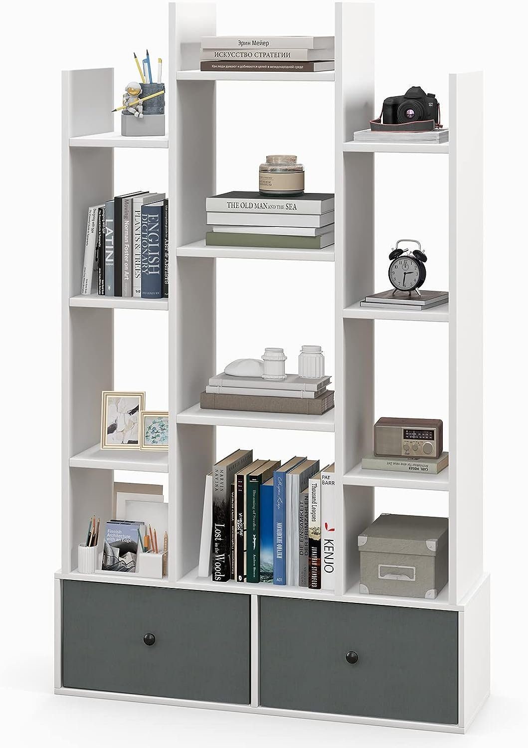 KOMFOTTEU Bücherregal Standregal, mit Regalböden, 132 x Vliesschublade cm weiß 24 & x 80