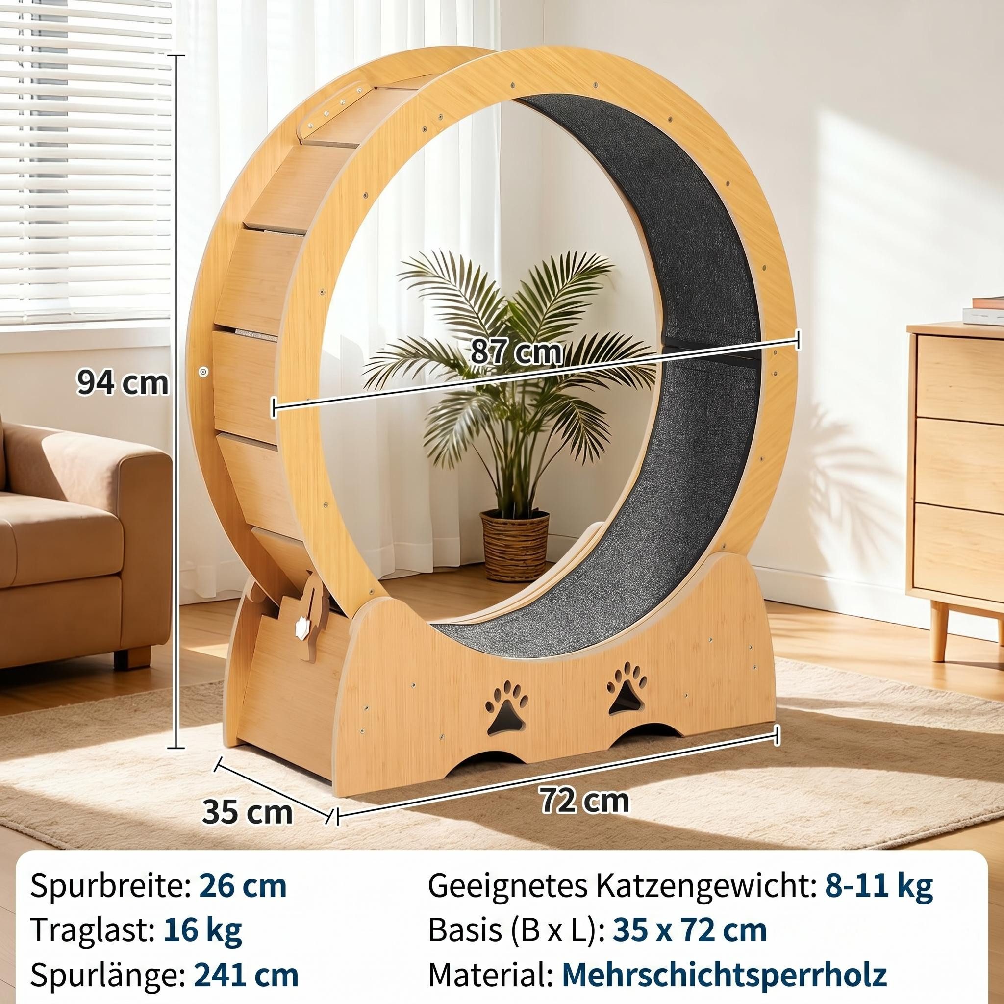 GarveeMore Tierlaufrad mit Trainingszubehör, Durchmesser 87 cm, für Katzen bis 16,3 kg, für Wohnzimmer, Schlafzimmer, grün/natur