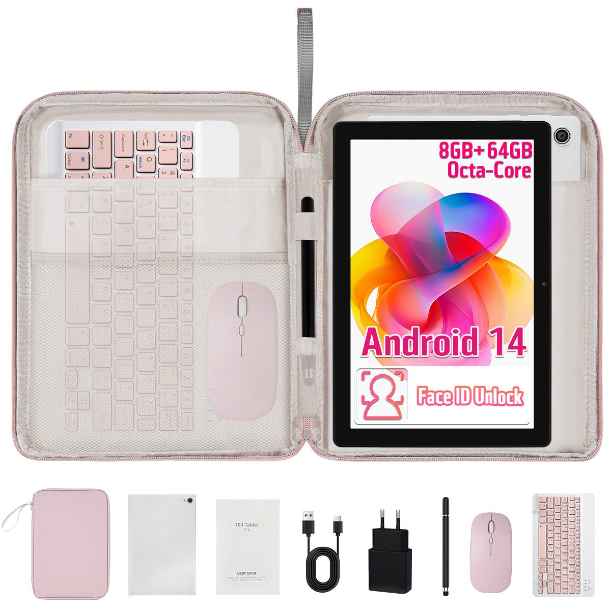 BUFO 10 Zoll 1280x800 HD 5000mAh WiFi 6 mit Tastatur, Maus und Stylus Tablet (10.1", 64 GB, Android 14, 5G WiFi, Android 14 mit Tastatur Set, KI-Unterstützung, 8GB+64GB)