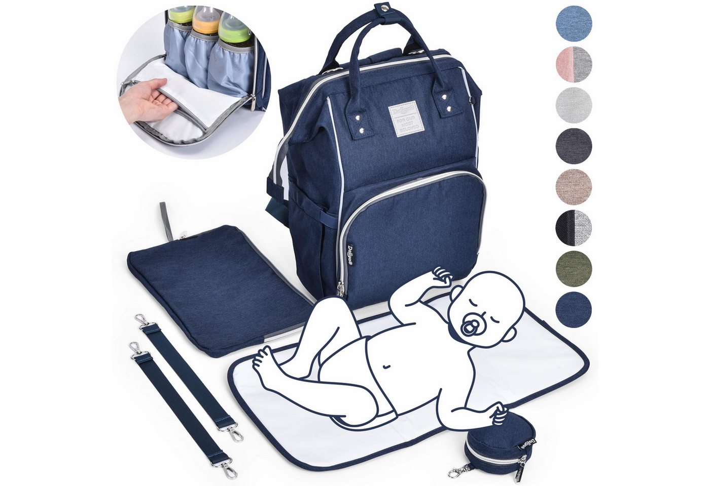 Daliya® Wickeltasche PAKMI Wickelrucksack, Kinderwagentaschen, Mamabag (Set, 5-tlg., Befestigungsriemen), Thermofächer, Schnuller Aufbewahrung, Wickelunterlage, hochwertig