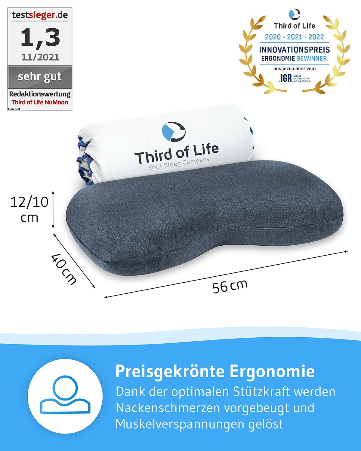Third of Life Seitenschläferkissen NuMOON Thermic QuickDry, Visco Schaum Kissen mit Bambus-Aktivkohle, Schnelltrocknender Bezug