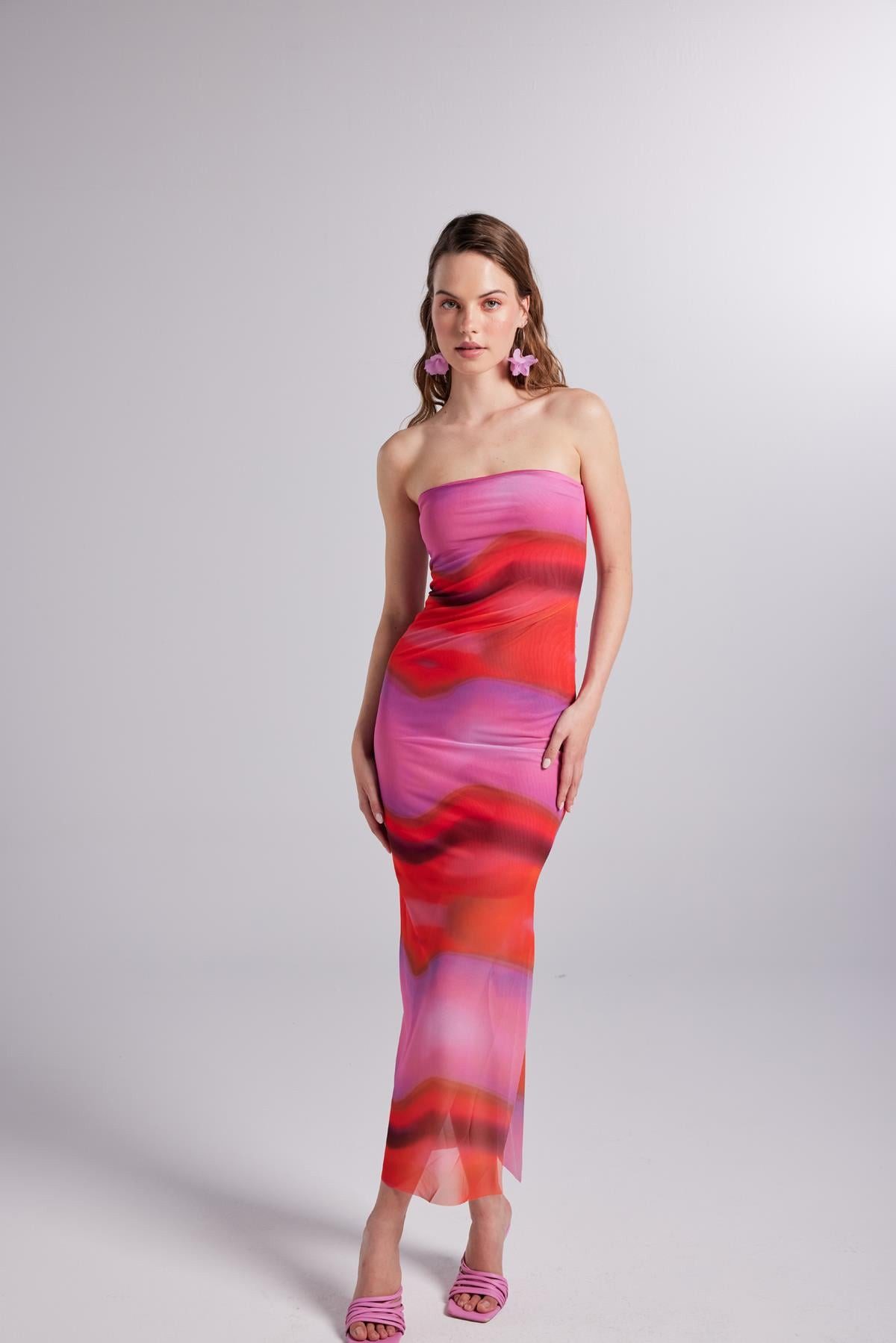 Midikleid Gepunktetes Tüllkleid ohne Träger