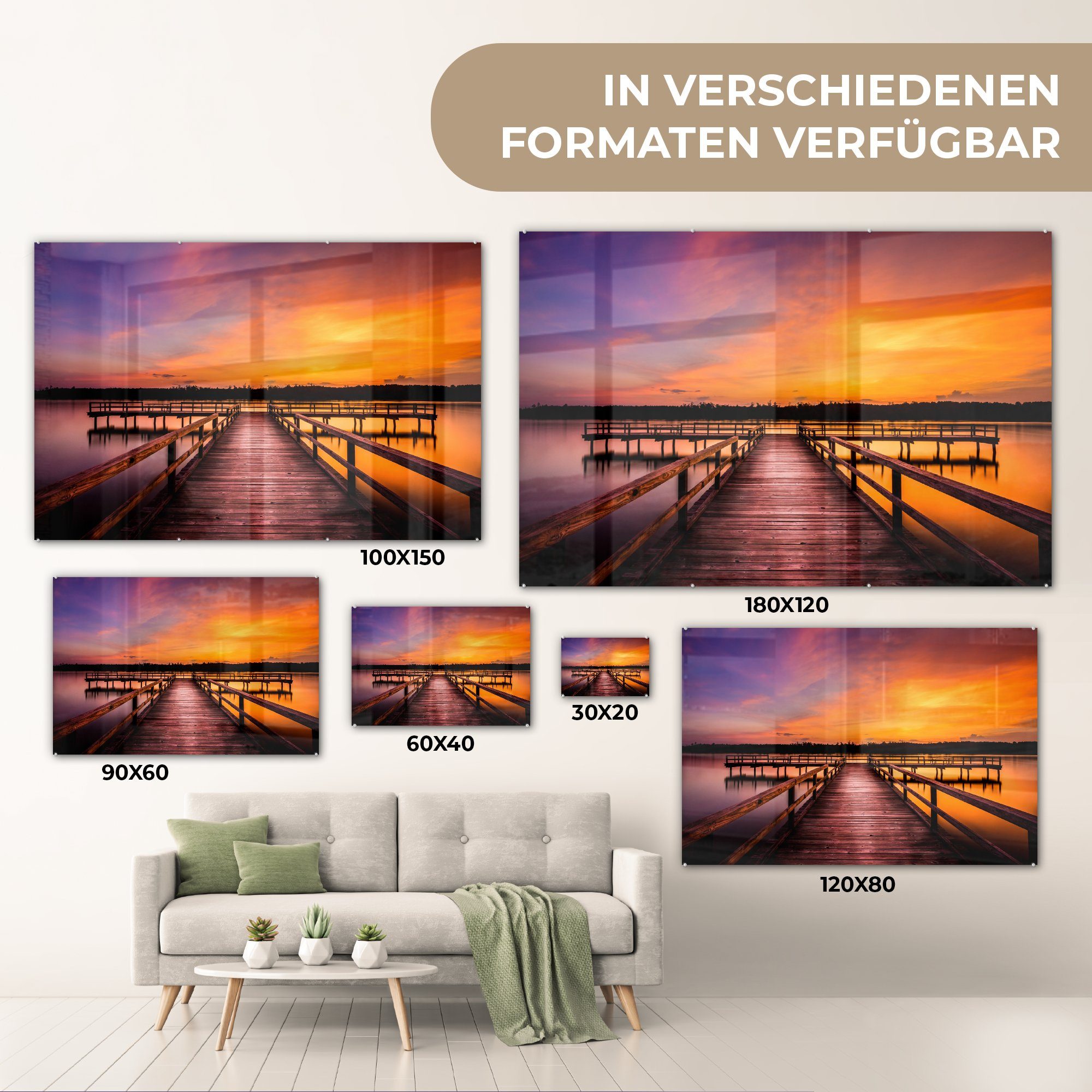 MuchoWow Acrylglasbild Sonnenuntergang & Acrylglasbilder Steg Wohnzimmer - - Gold, Schlafzimmer St), (1