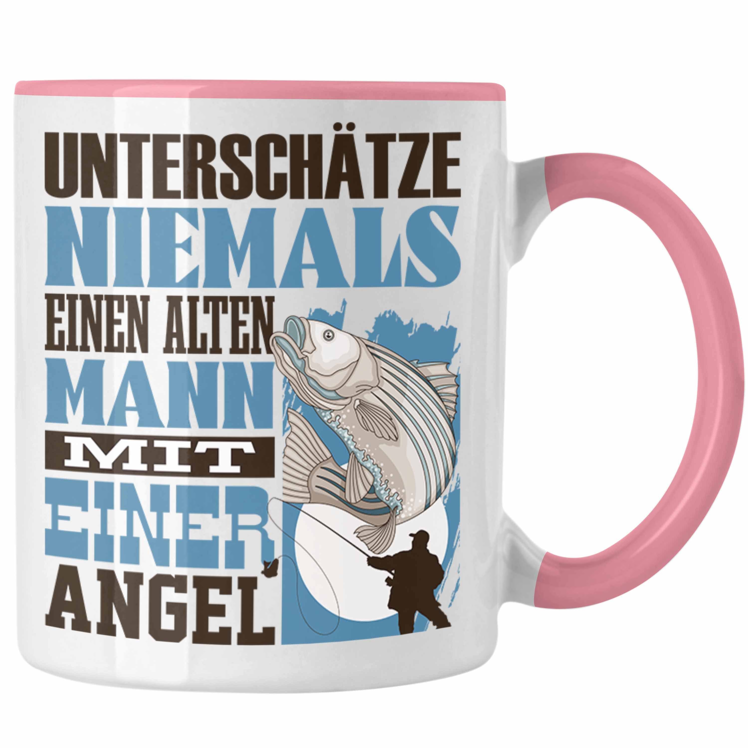 Trendation Tasse Angel Tasse Geschenk für Angler Fischer Lustiger Spruch Unterschätze Rosa