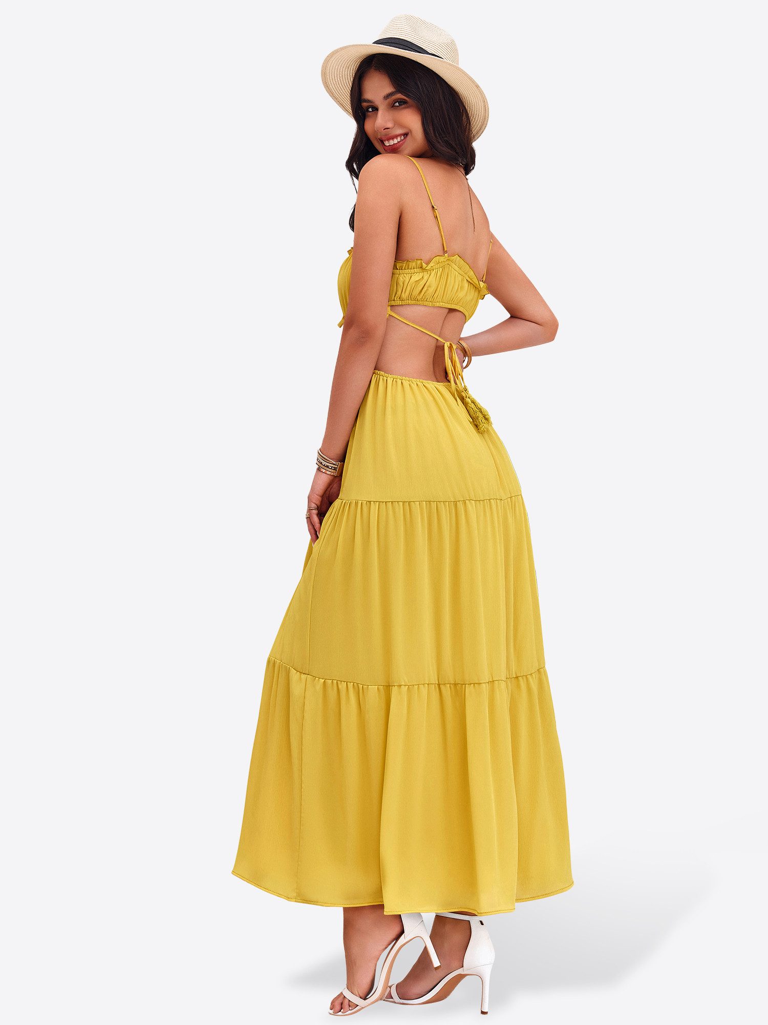 Imily Bela Maxikleid Damen Strand mit Rüschen Bänder ärmellos Boho Sommer U günstig online kaufen