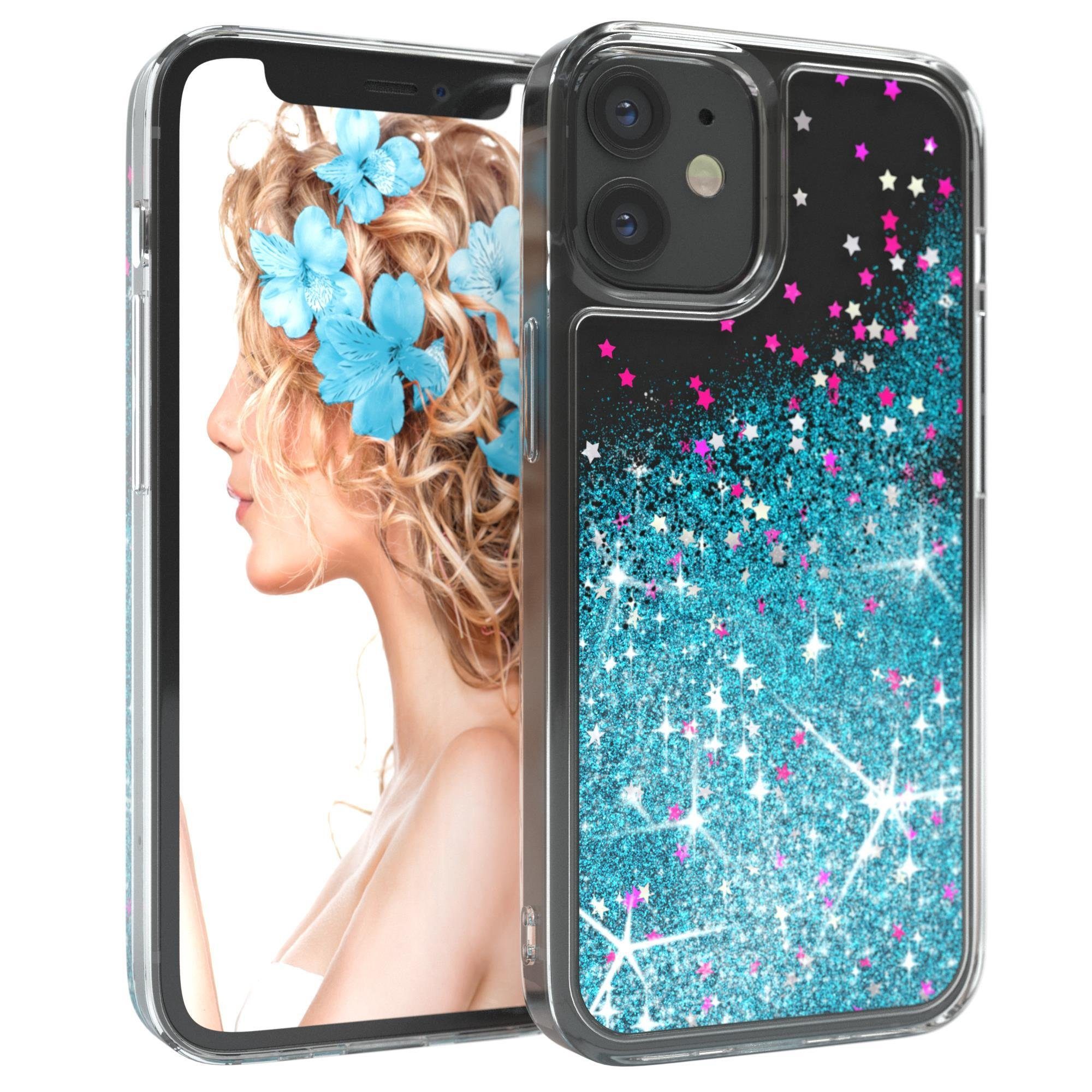 EAZY CASE Handyhülle Liquid Glittery Case für Apple iPhone 12 Mini 5,4 Zoll, Gloss Slimcover Girly Backcover Bling Phone Case kratzfeste Cover Blau