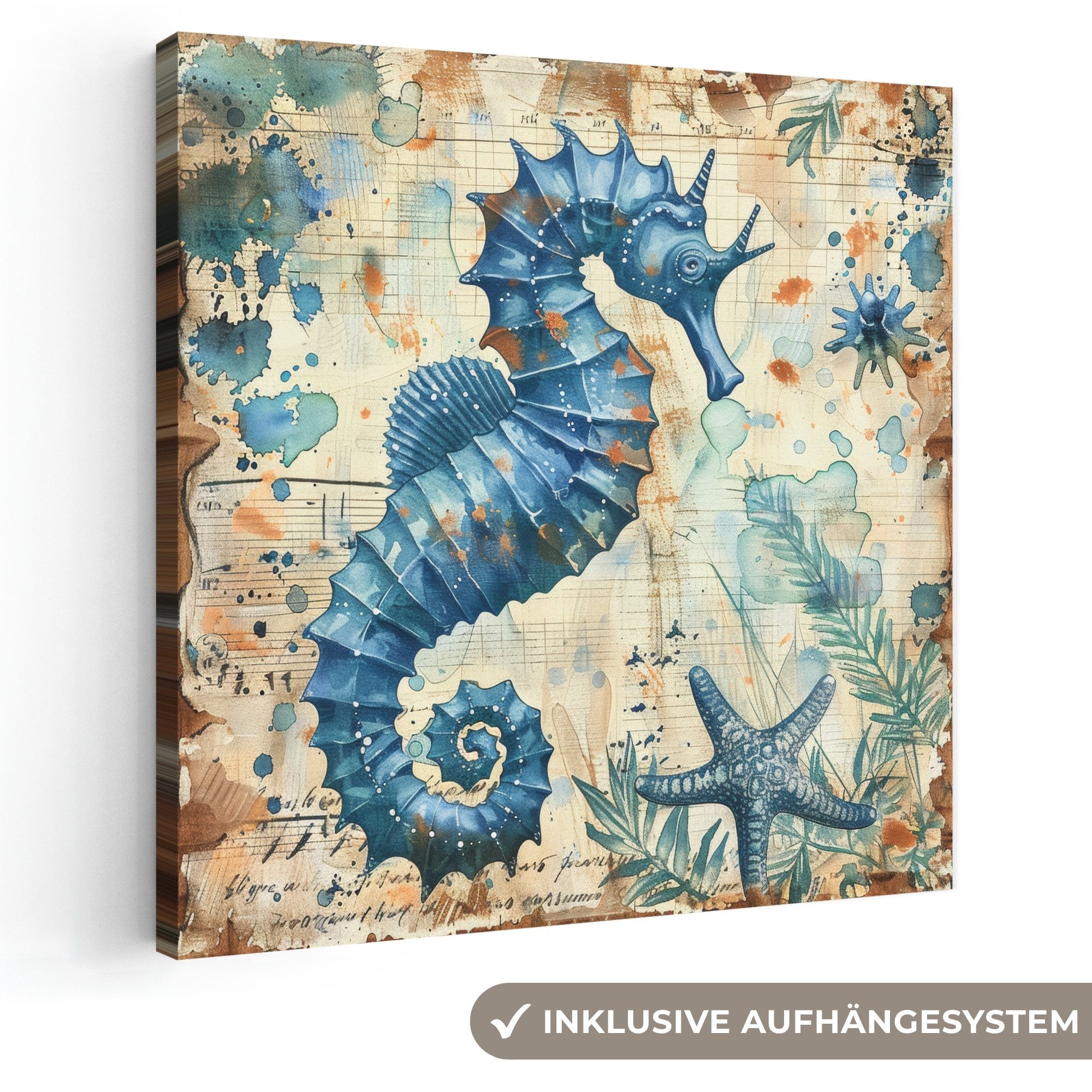 OneMillionCanvasses® Leinwandbild Vintage - Meerestiere - Seepferdchen - Aquarell - Blau, Fotodruck (1 St), Wandbild, Deko Schlafzimmer Wohnzimmer Flur 20x20 cm