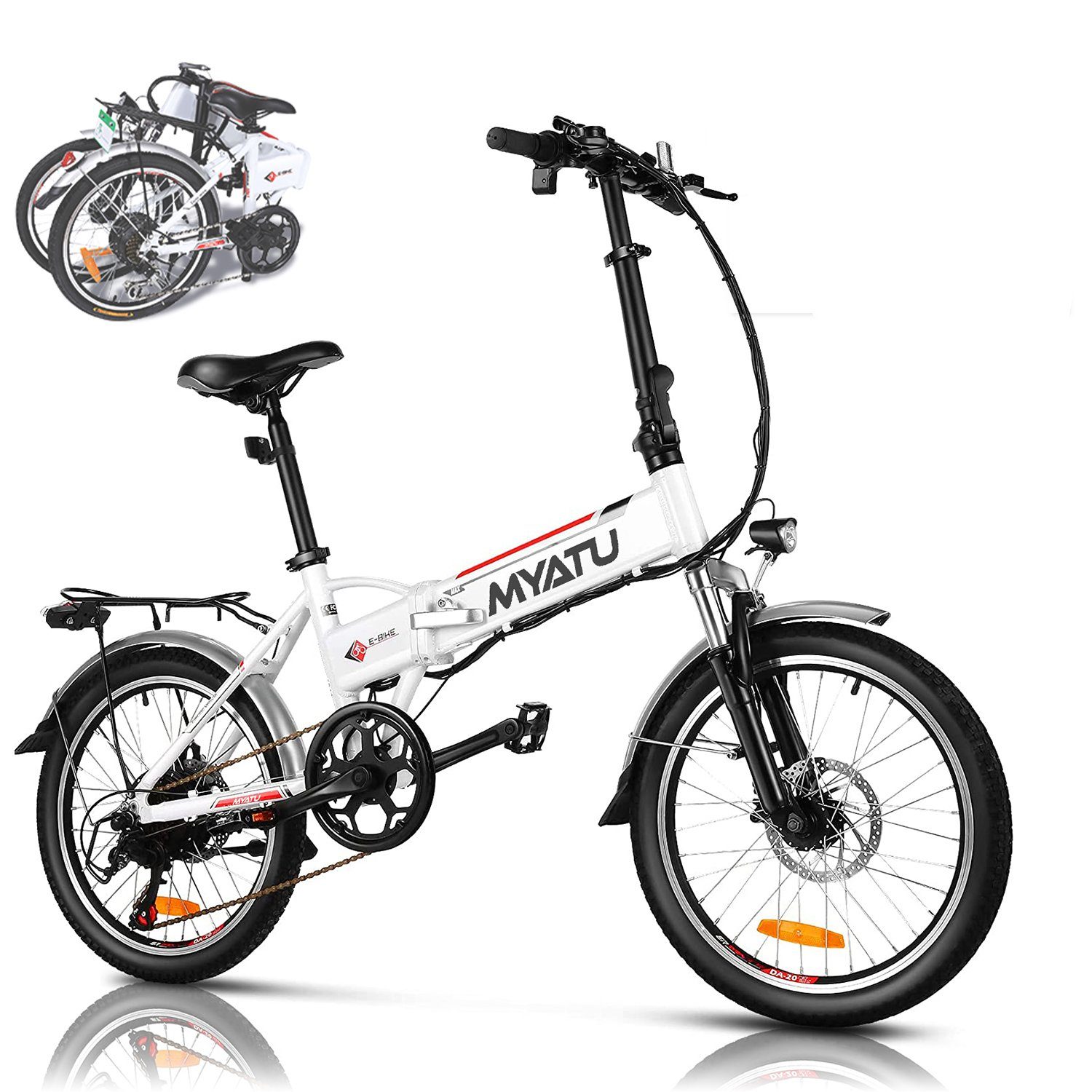 Myatu E-Bike 20 Zoll E-Bike faltbares ebike mit 36V 10.4AH, 6 Gang Shimano Shimano Schaltwerk, Kettenschaltung, 375,00 Wh Akku, mit 374Wh Lithium-Akku,Gabelfederung, Pedelec Elektrofahrrad weiss