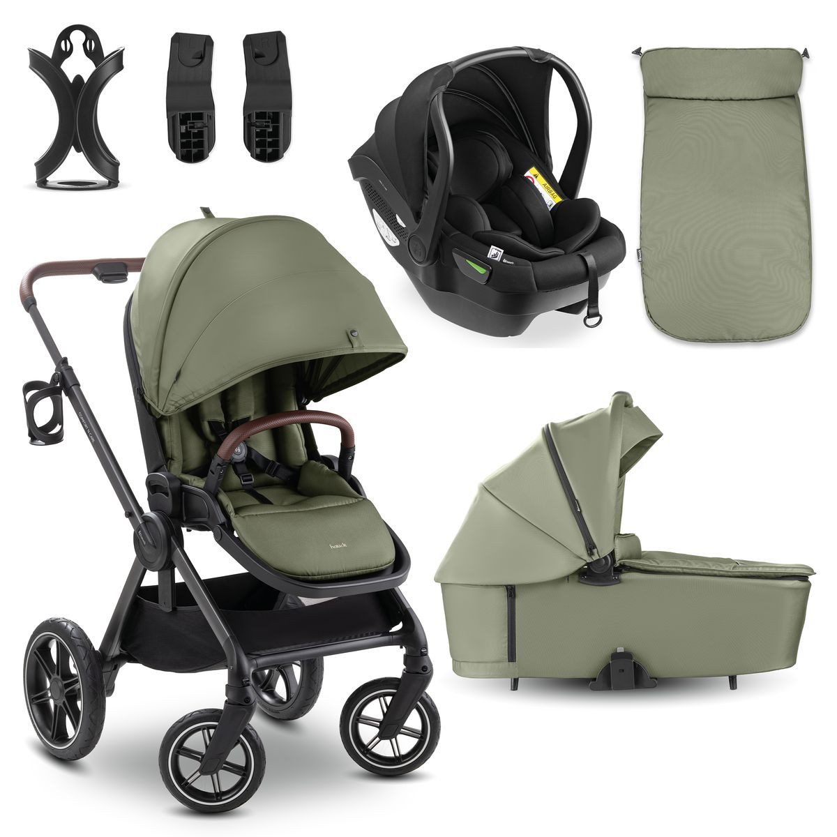 Hauck Kombi-Kinderwagen Comfort N Care Trio Set - Olive, 3in1 Kinderwagen Buggy Set mit Babywanne, Babyschale & Sportsitz