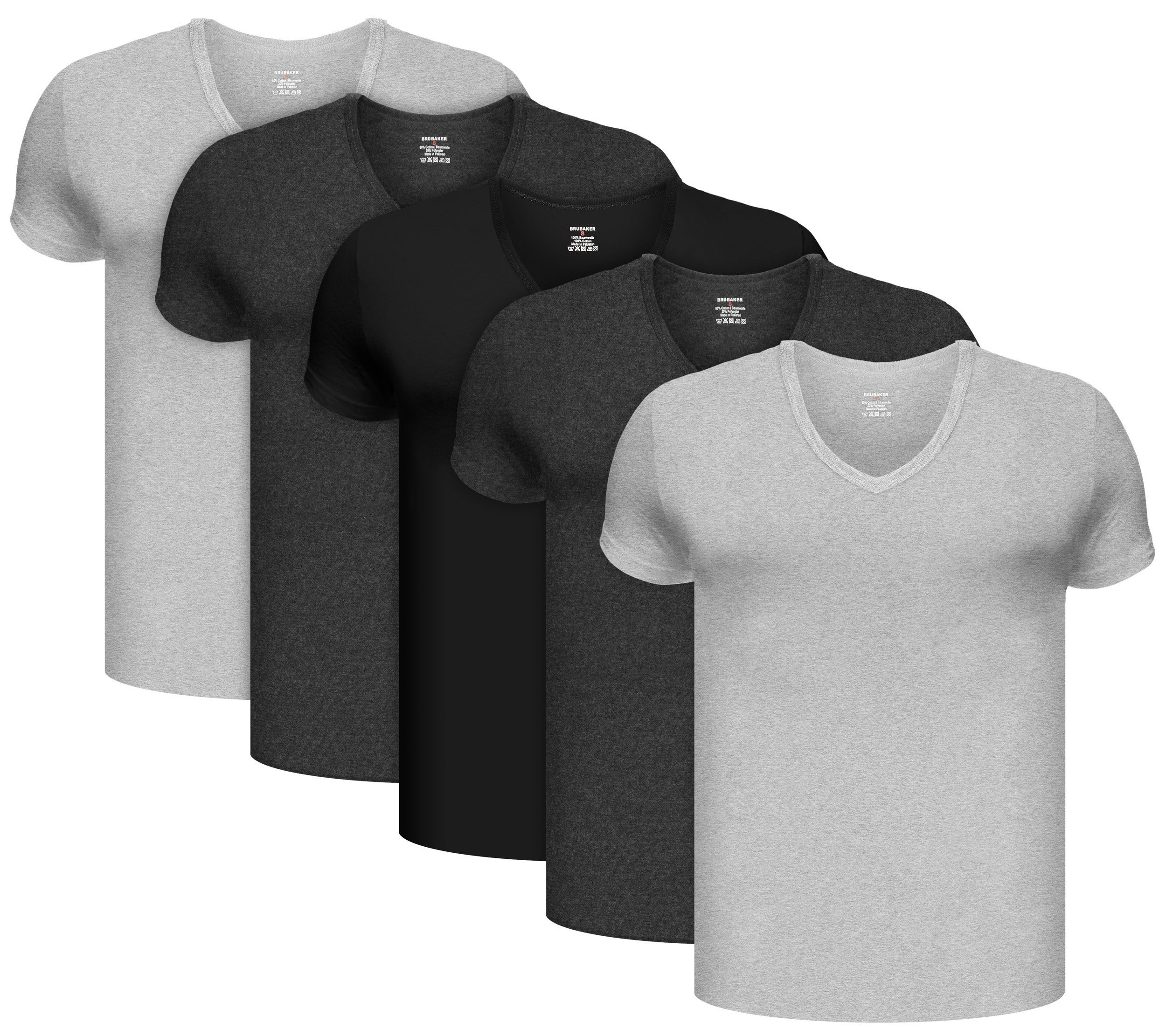 BRUBAKER Unterziehshirt Herren Unterhemd mit V-Neck - Kurzarm Shirt (Set,  5-St., 5er-Pack) V-Ausschnitt T-Shirt aus hochwertiger Baumwolle (glatt) -  Extra Lang - Regular Fit - Nahtlos