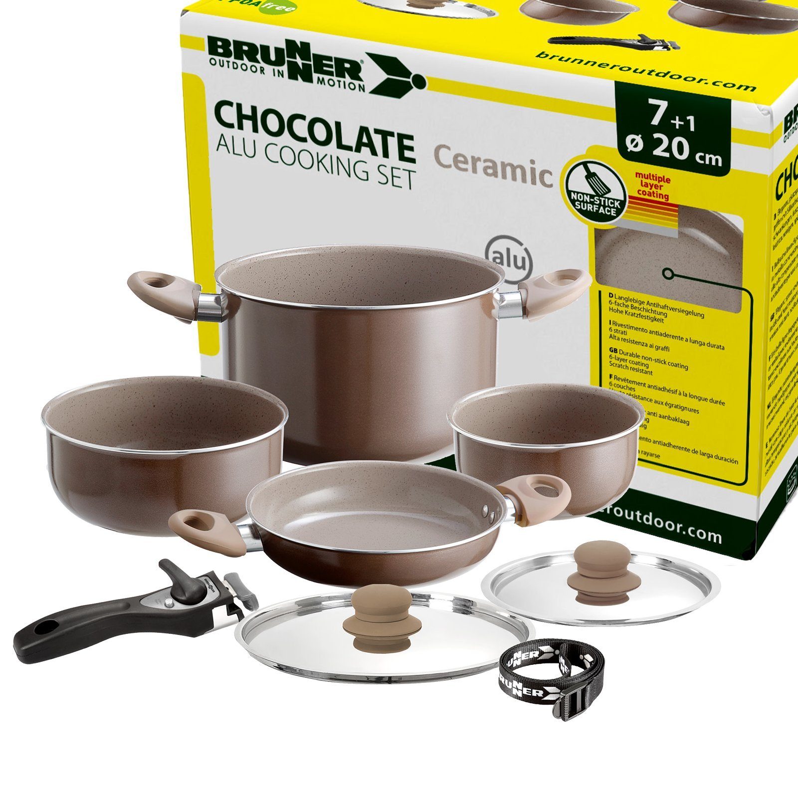 Kochtöpfe BRUNNER Camping (7-tlg) BRUNNER CHOCOLATE Topf-Set Stapelbar, Platzsparend, Alu