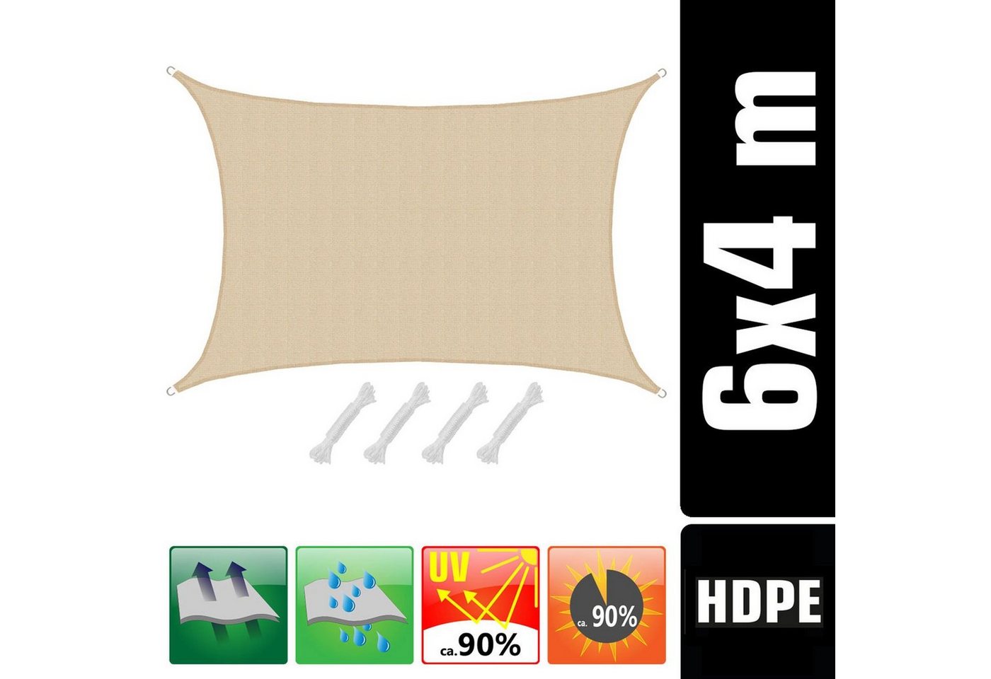 Thumbnail - AMANKA Sonnensegel mit Befestigung - 6 x 4 m Winddurchlässig für Garten, Terrasse, Balkon, Wasserdurchlässiges HDPE Sonn...