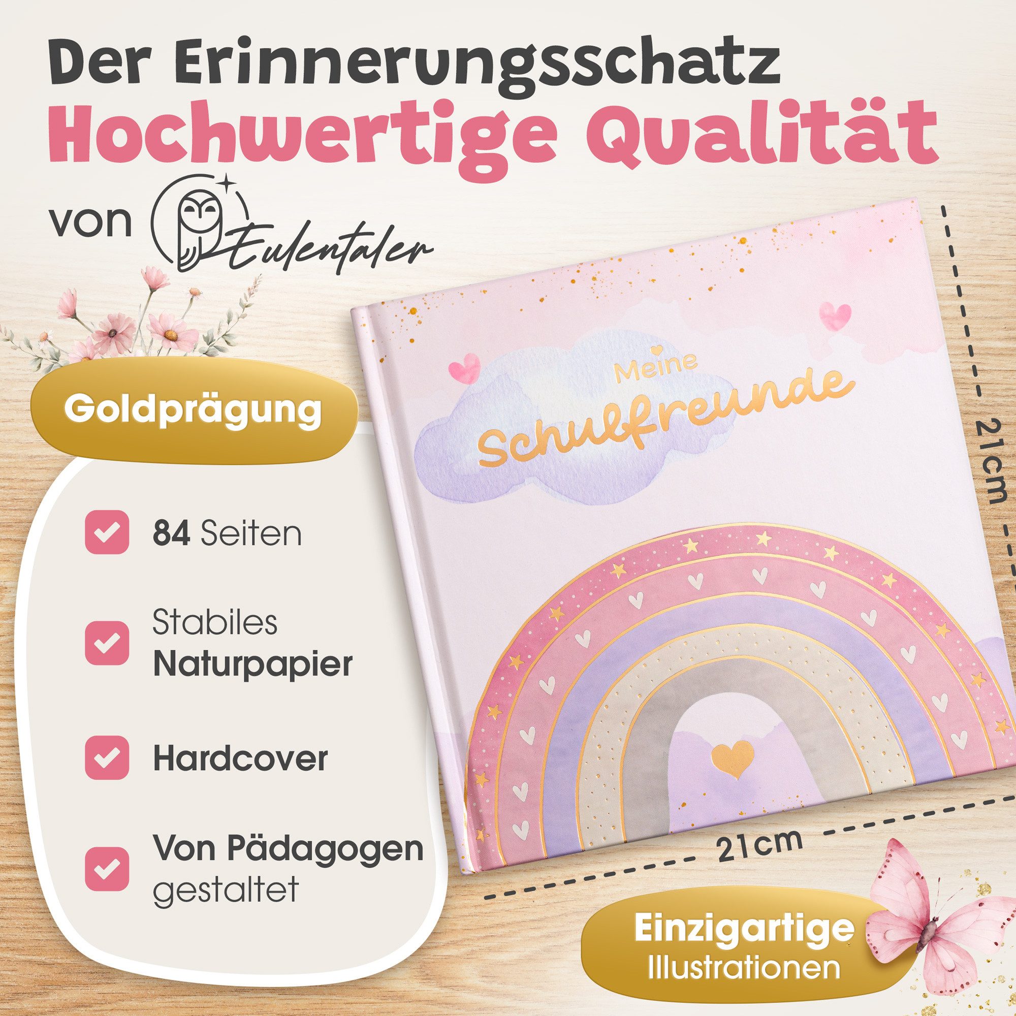 Eulentaler Freundebuch für Mädchen (Schule) I von Pädagogen gestaltet, Regenbögen, Blumen & Goldprägung, Geschenk für Schulkinder – Bild 2 von 5