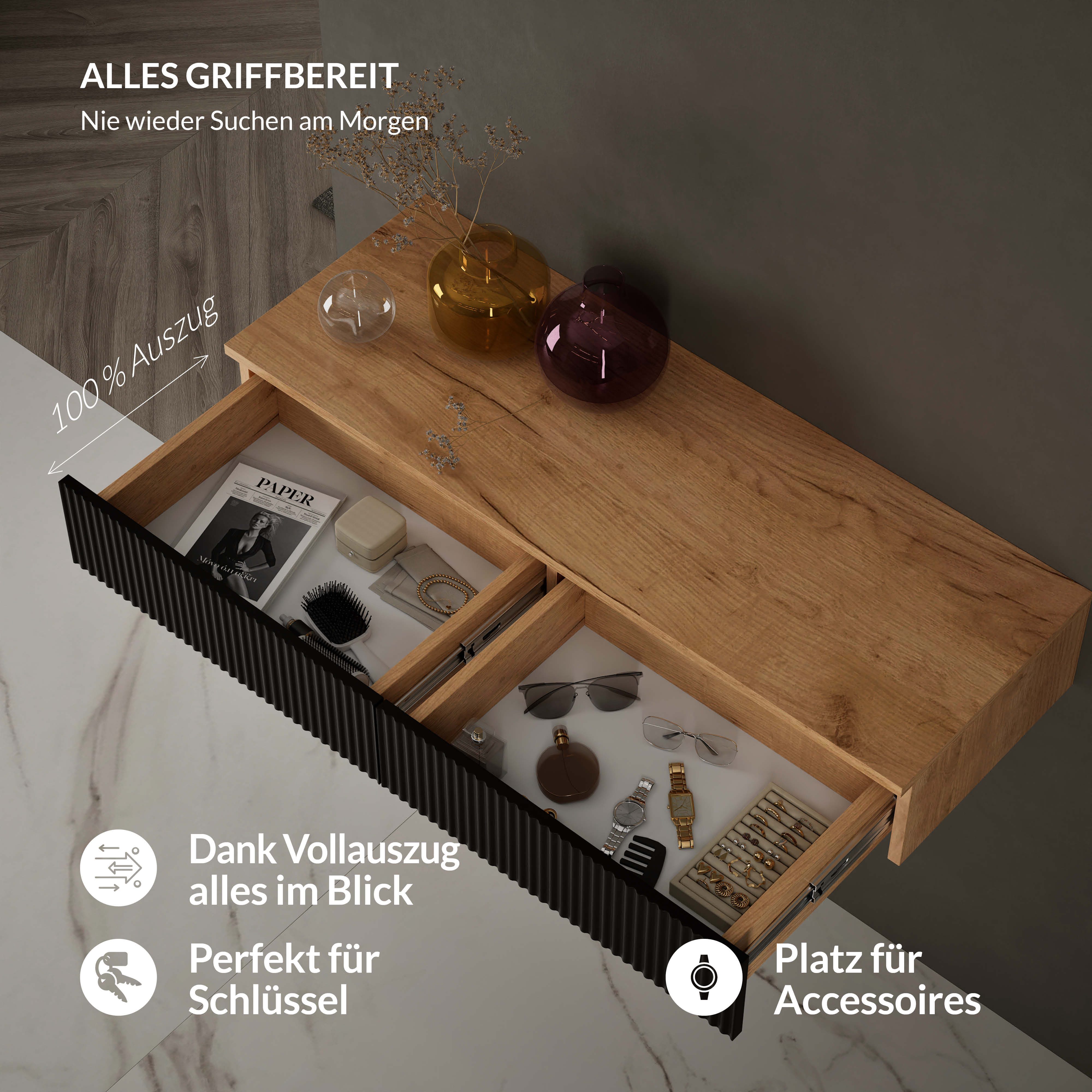 Planetmöbel Konsolentisch AMYRA Flurtisch mit Schublade (Wandmontage, 100 x 16 x 35 cm, 1-St., Gold Eiche - Schwarz), Wand-Konsole für Garderobe, Flur und Schminktisch