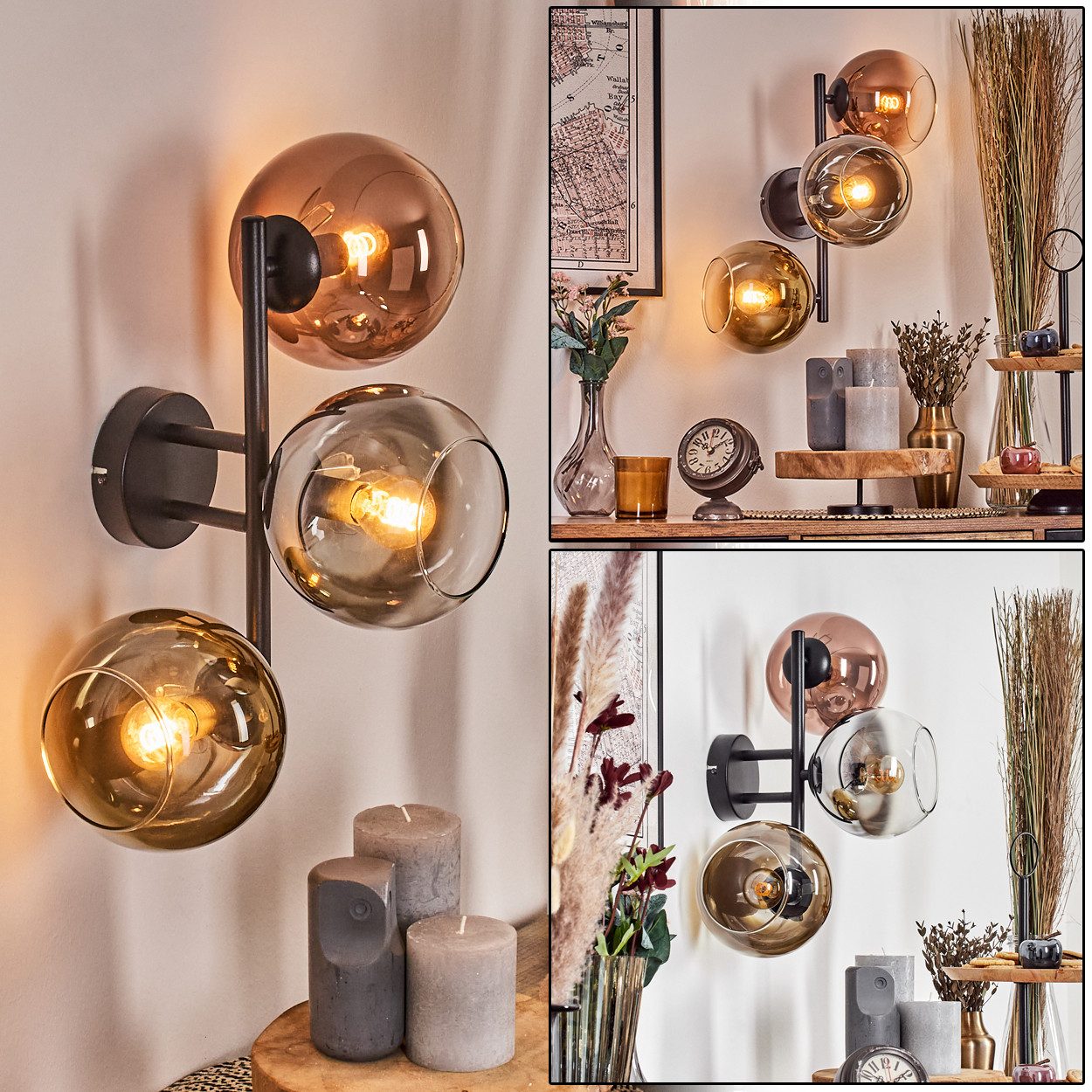 hofstein Wandleuchte Wandlampe aus Metall/Glas in Schwarz/Chrom/Rauch/Kupfer/Gold/Klar, moderne Leuchte im Retro/Vintage-Design (Schirme Ø 15 cm), E14