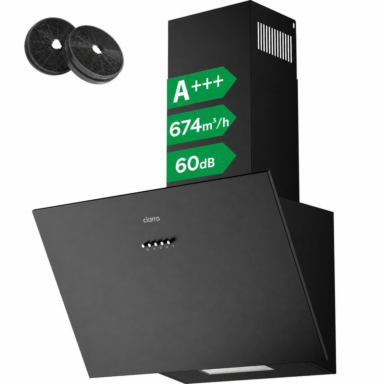 CIARRA Kopffreihaube 60 cm Dunstabzugshaube A+++ 674 m³/h starke Saugleistung VM6762AB 60 cm Dunstabzugshaube A+++ 674 m³/h starke Saugleistung VM6762AB, Leise Schräghaube mit Kohlefilter LED Umluft & Abluft 3 Stufen