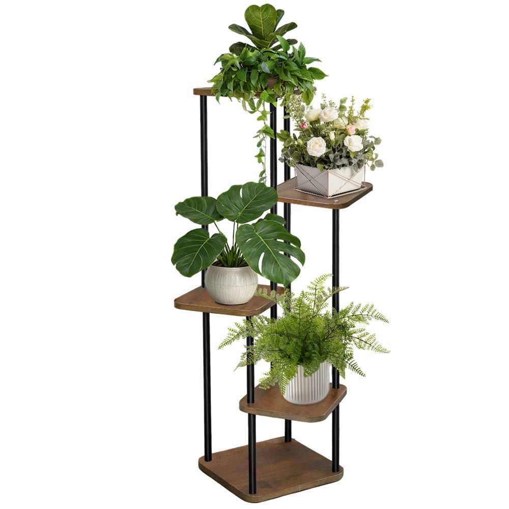 JEOBEST Blumenständer 5 Etagen Pflanzenständer Pflanzenregal Blumentreppe, Pflanztisch, Innen-Außen Metall Holz Blumentreppe,Höhe 106cm für Garten oder Balkon