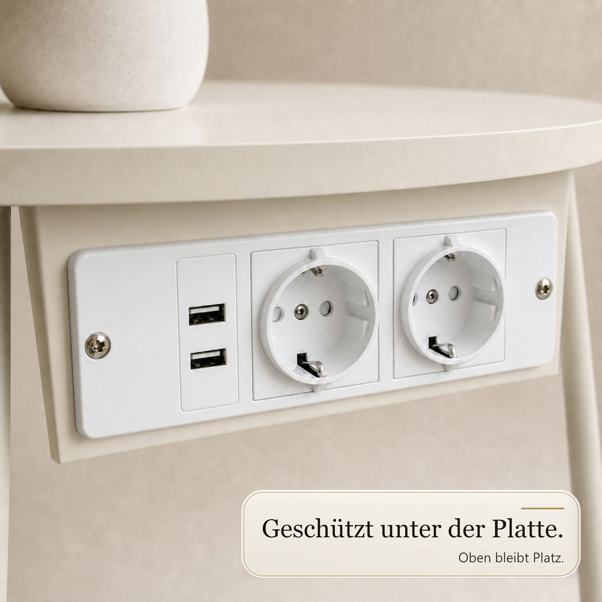 Floordirekt Couchtisch Dario Runder mit 2 Steckdosen A Stauraumkorb 2 USB 4 Farben (Einzelartikel), Integrierte Stromanschlüsse und USB-Ports – Bild 3 von 5