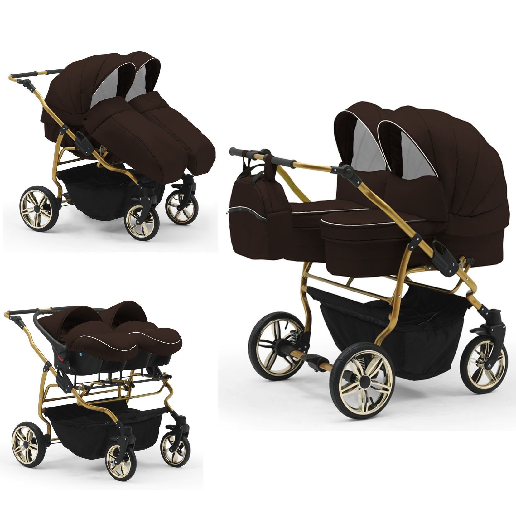 babies-on-wheels Zwillingswagen Duet Lux Gold 3 in 1 inkl. Autositze - 13 Teile - in 33 Farben Braun