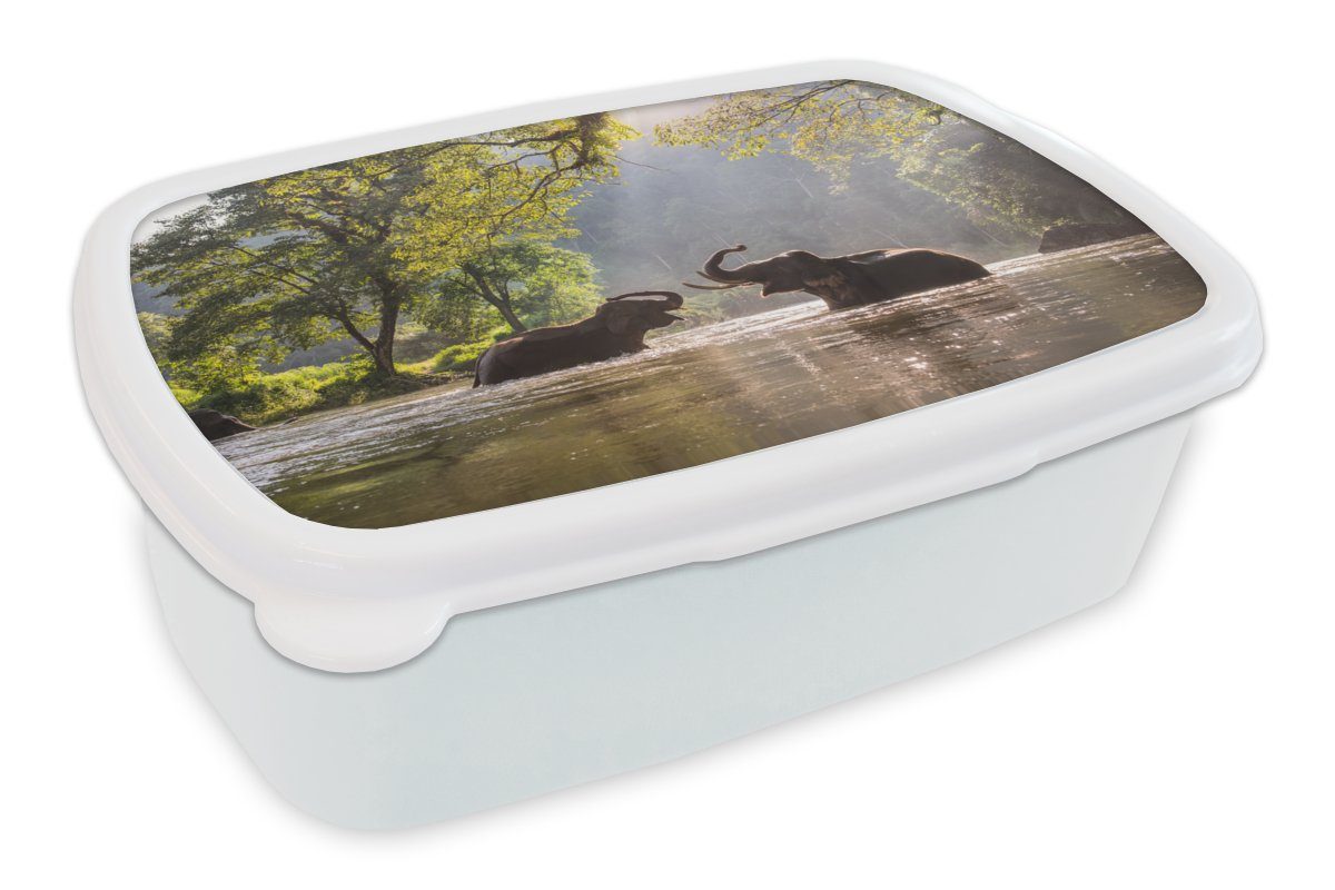 MuchoWow Lunchbox Elefant - Wasser - Tiere - Bäume - Sonne, Kunststoff, (2-tlg), Brotbox für Kinder und Erwachsene, Brotdose, für Jungs und Mädchen weiß