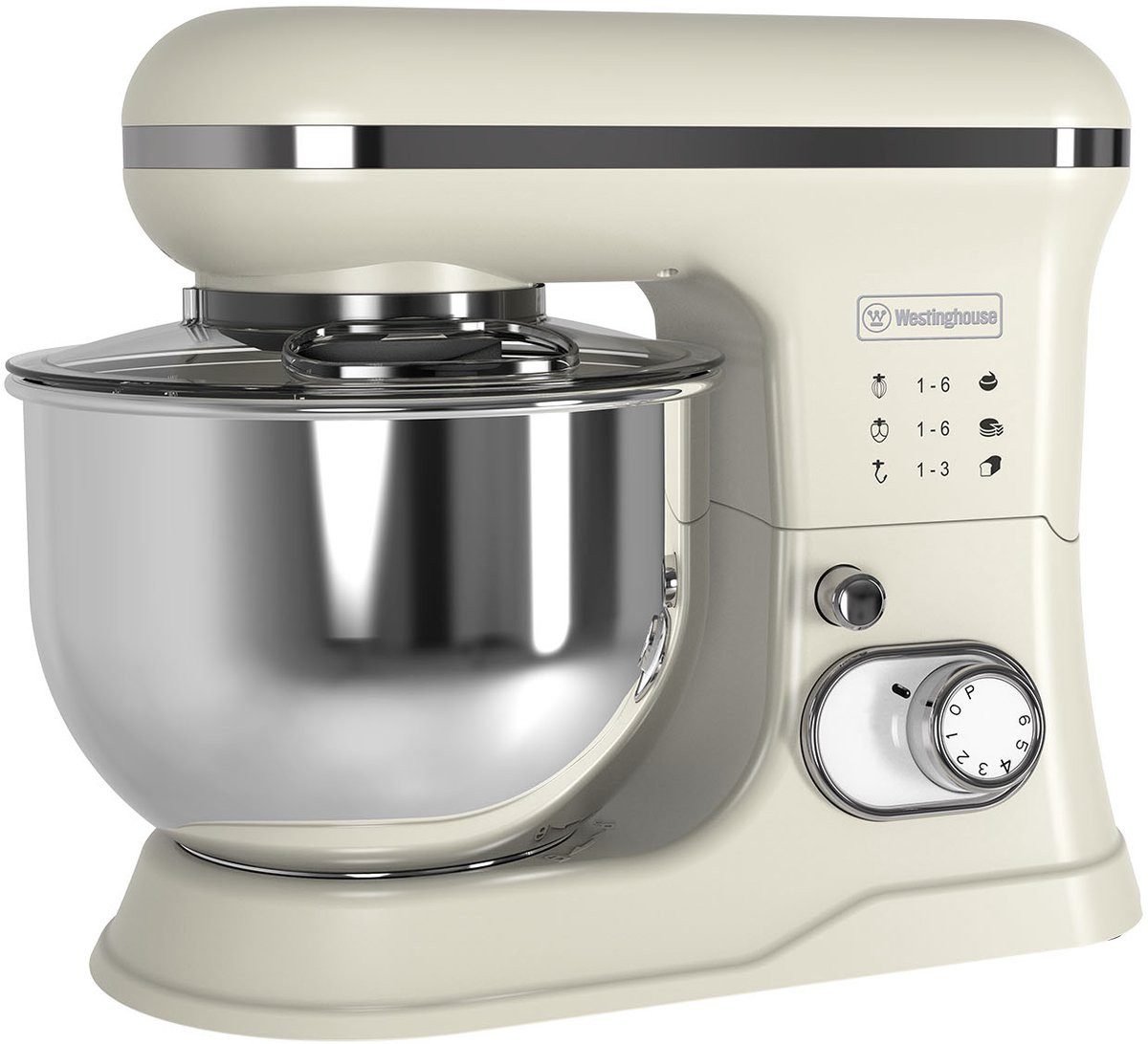 Westinghouse Küchenmaschine Retro-Serie 5 l 1200 W mit Knethaken, 1200,00 W, 5,00 l Schüssel, 5-l-Edelstahlschüssel, 6 Stufen plus Pulsfunktion, Knethaken